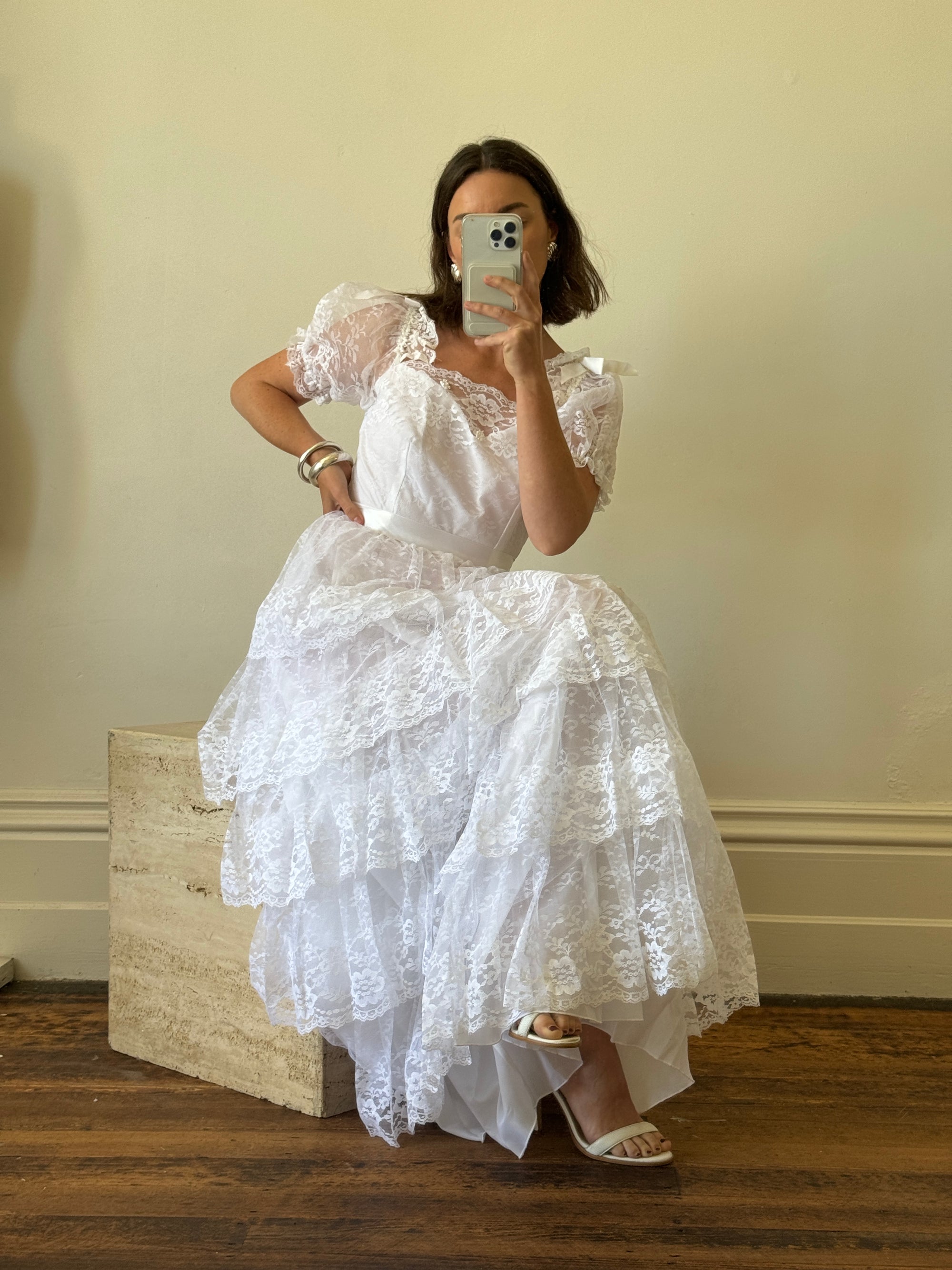 Vintage 70s Tiered Lace Wedding Dress With Ribbon