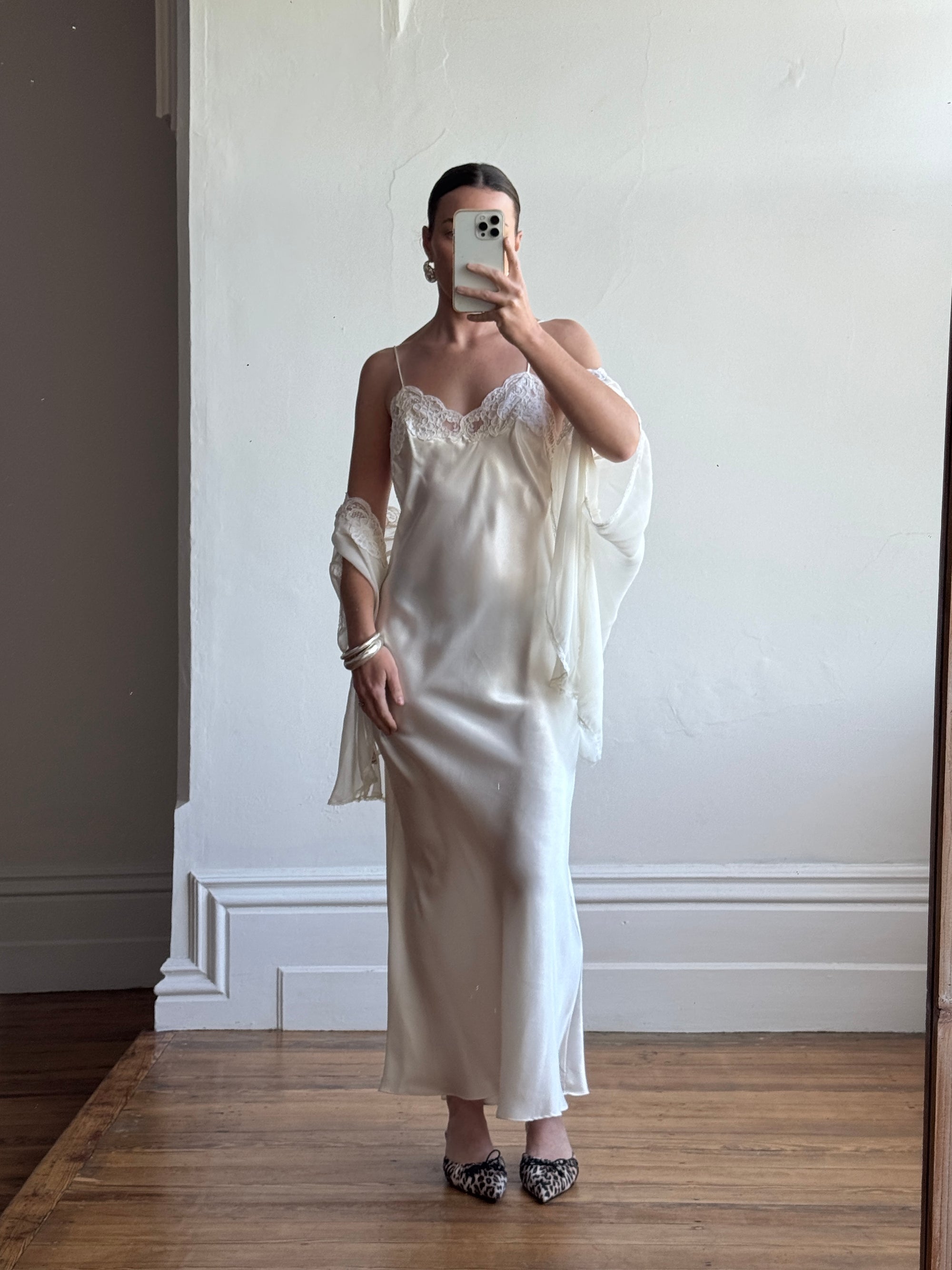 Vintage 90s Satin and Lace Slip and Cape Set Ivory