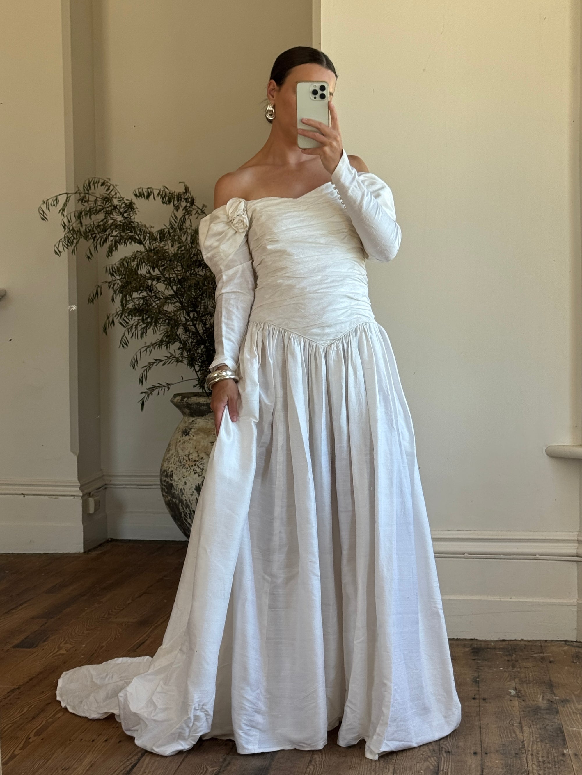 Vintage 90s Pure Silk Rosette Off Shoulder Wedding Gown