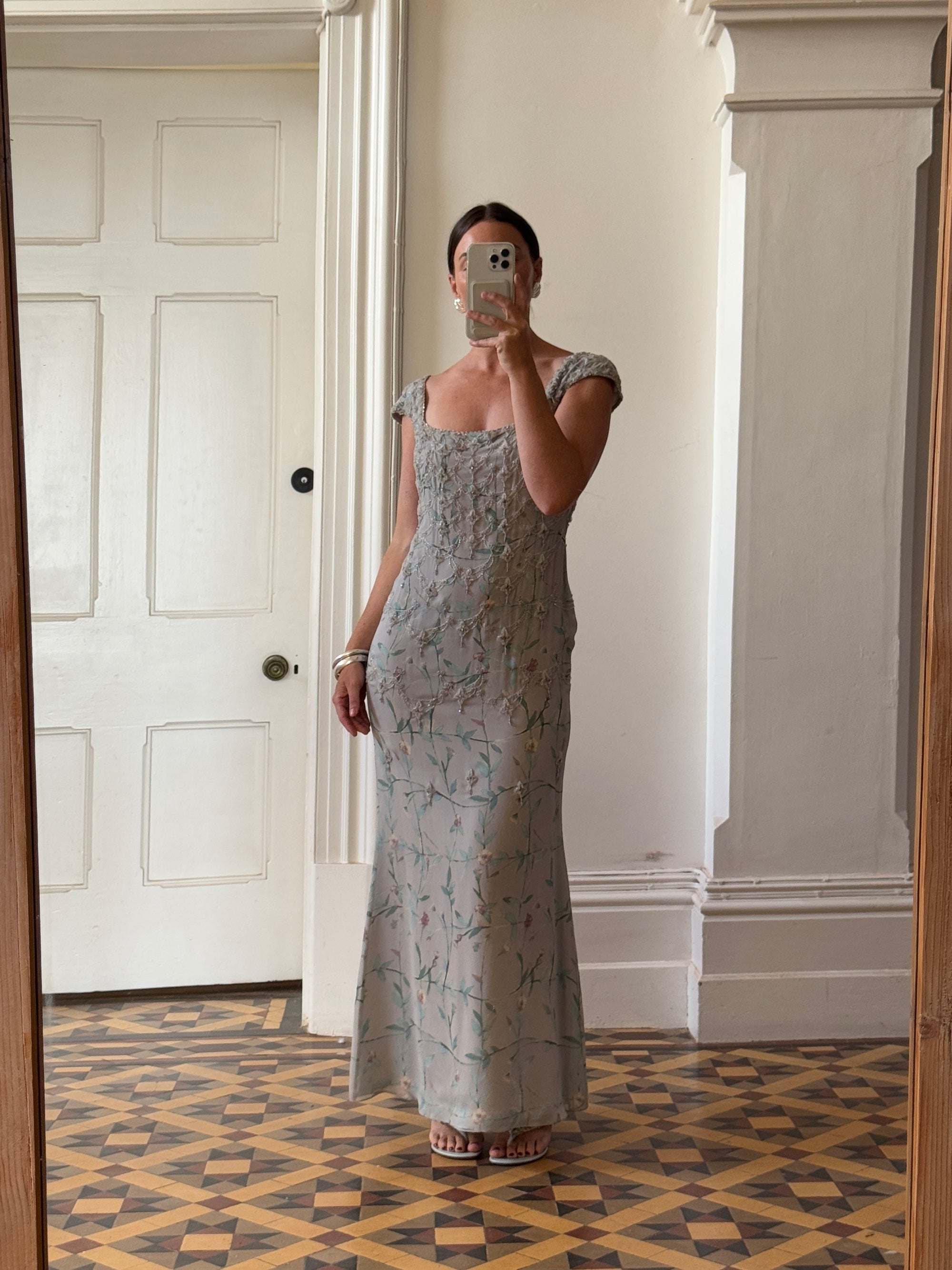 Vintage 90s Badgley Mischka Silver Pure Silk Embellished Gown Call Me The Breeze Vintage 90s Badgley Mischka Silver Pure Silk Embellished Gown Call Me The Breeze