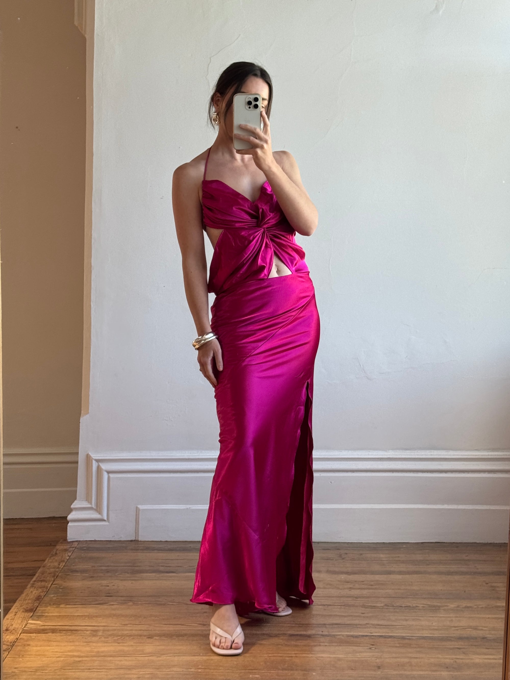 Vintage 90s Butterfly Fuchsia Silk Maxi Dress