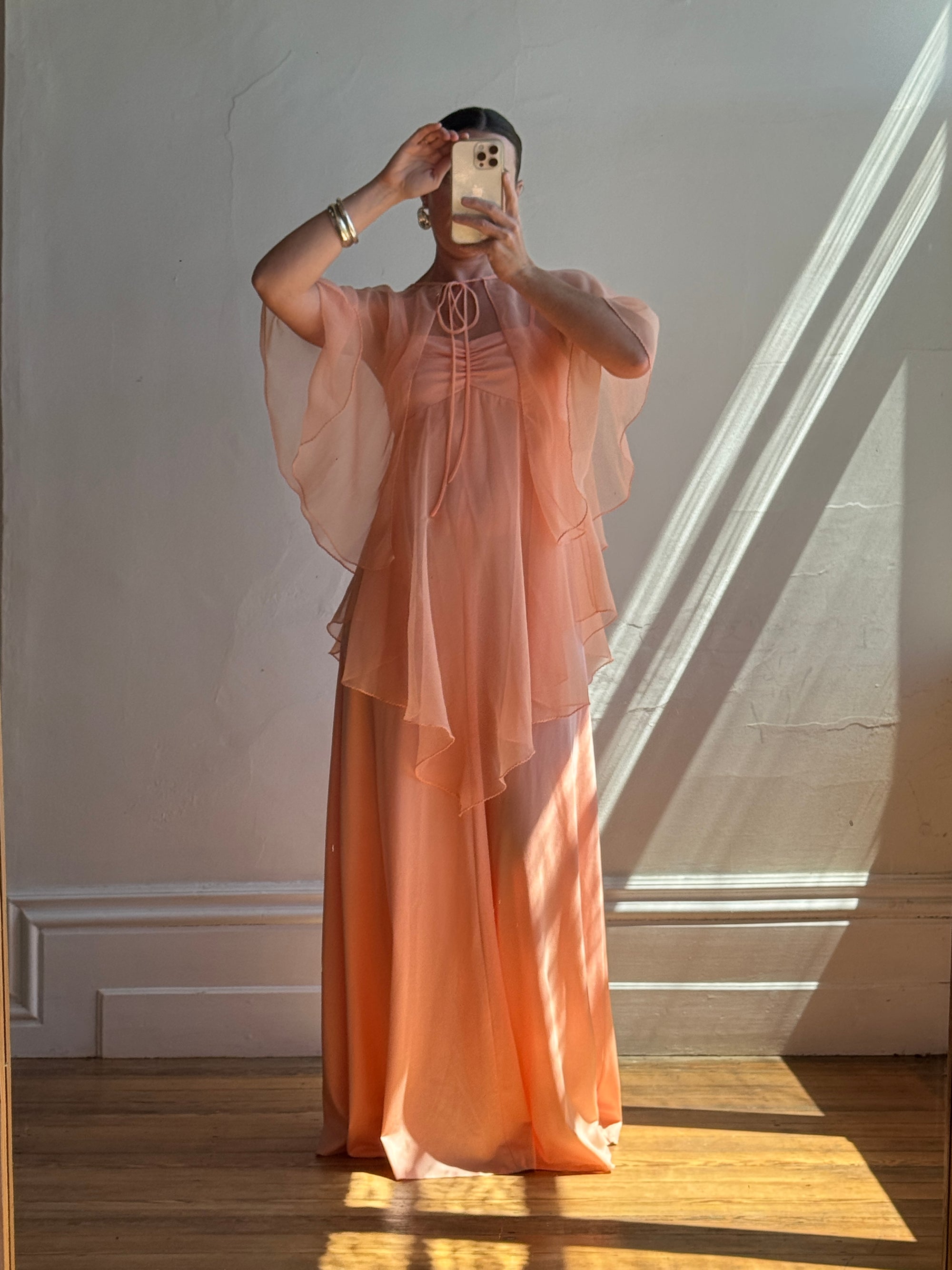 Vintage 70s Apricot Maxi Dress with Sheer Cape