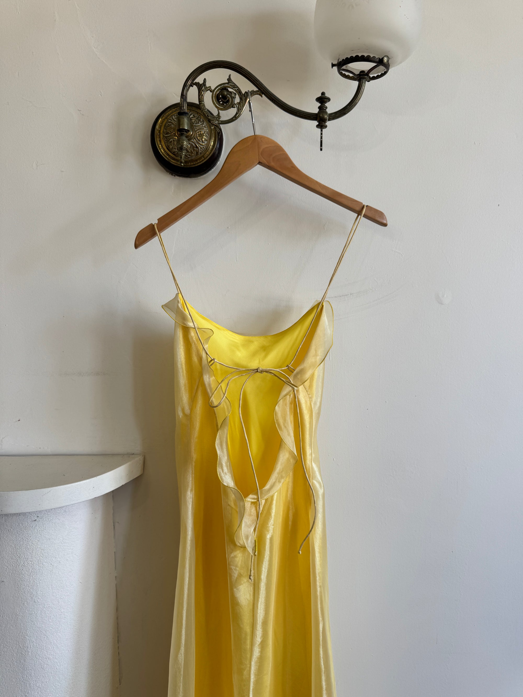 Vintage 90s Organza Yellow Ruffle Prom Slip Dress