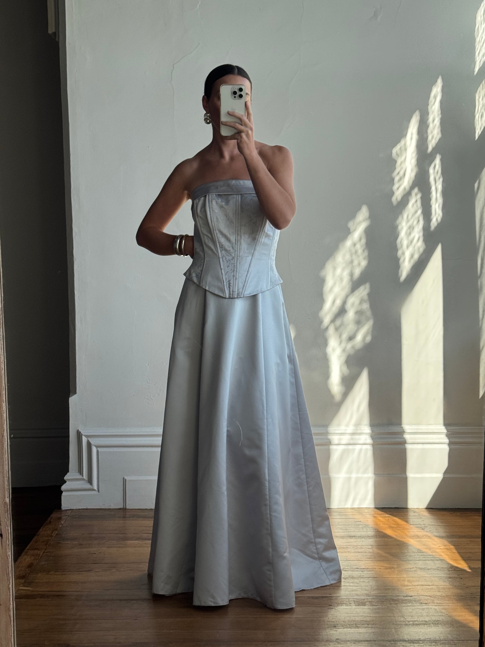 Vintage 90s Jacquard Corset Satin Dress Ice Blue