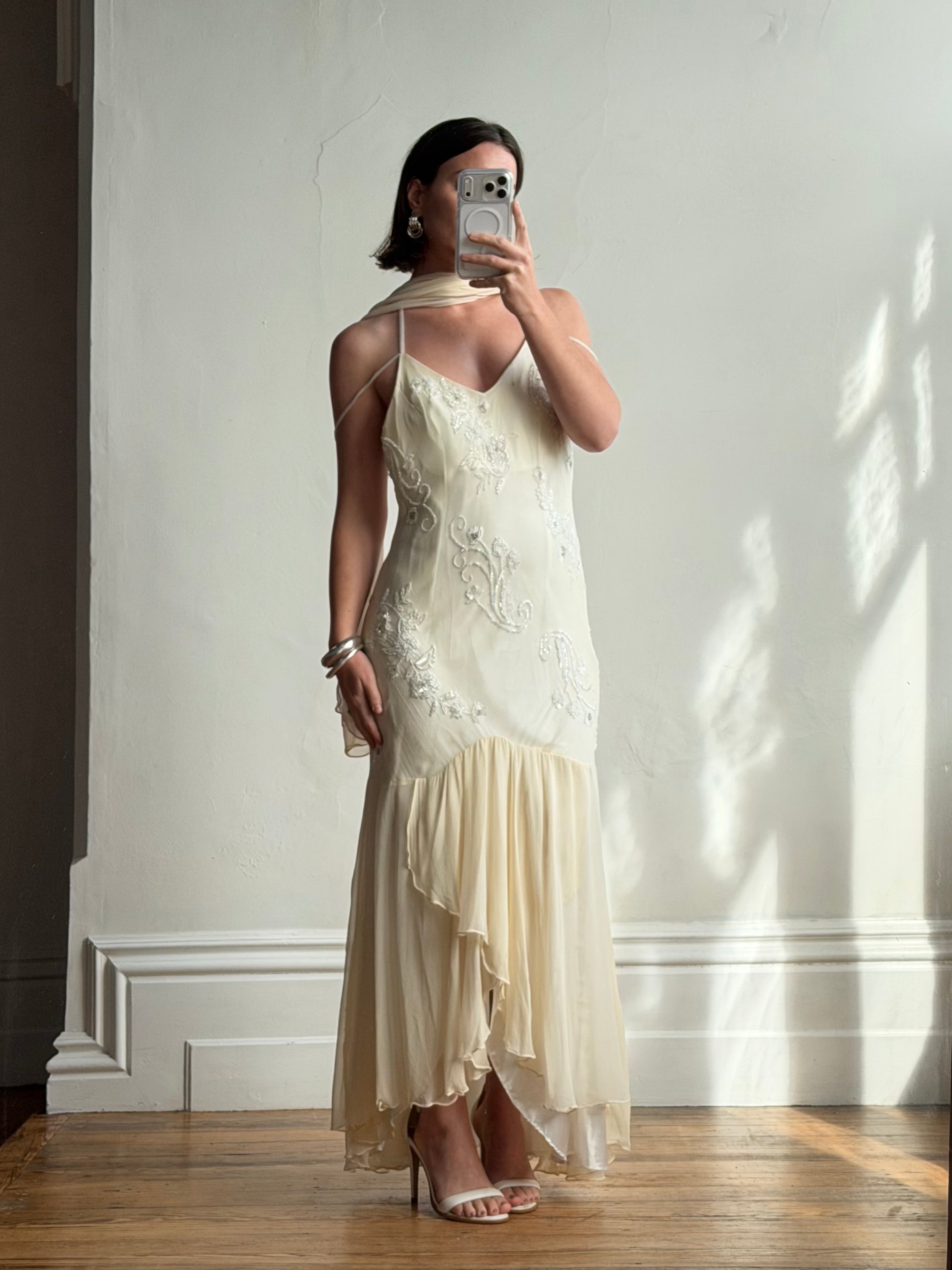 Vintage 90s Pure Silk Embellished Midi Dress With Scarf Creme