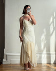 Vintage 90s Pure Silk Embellished Midi Dress With Scarf Creme