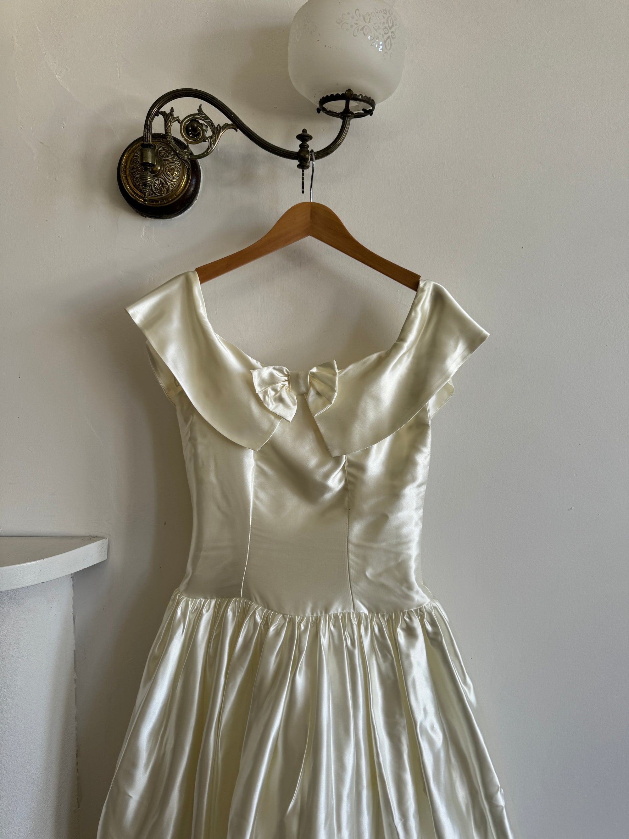 Vintage 80s Satin Tea Length Wedding Dress