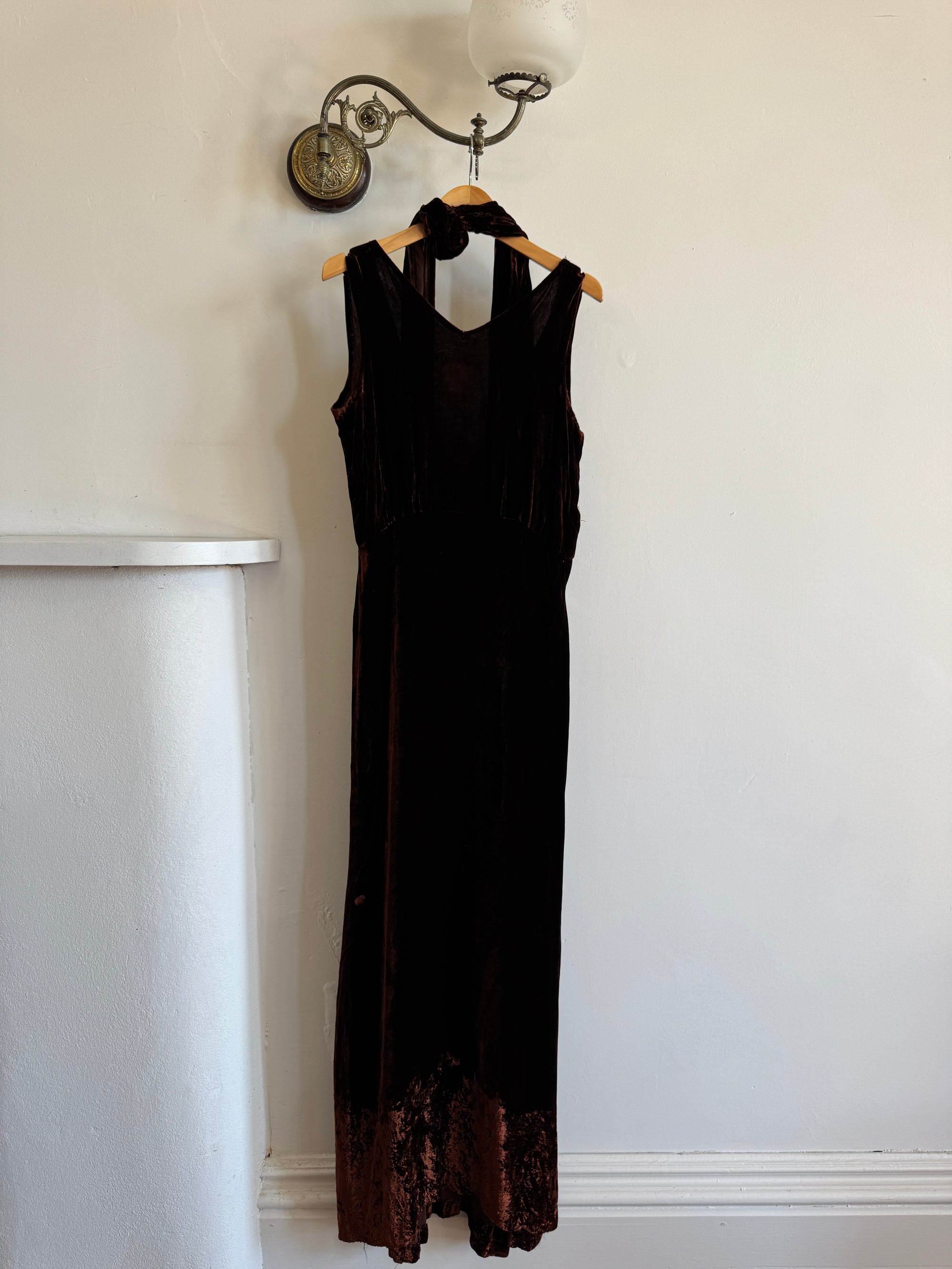 Vintage 30s Brown Velvet Bias Cut Dress With Rosette tie