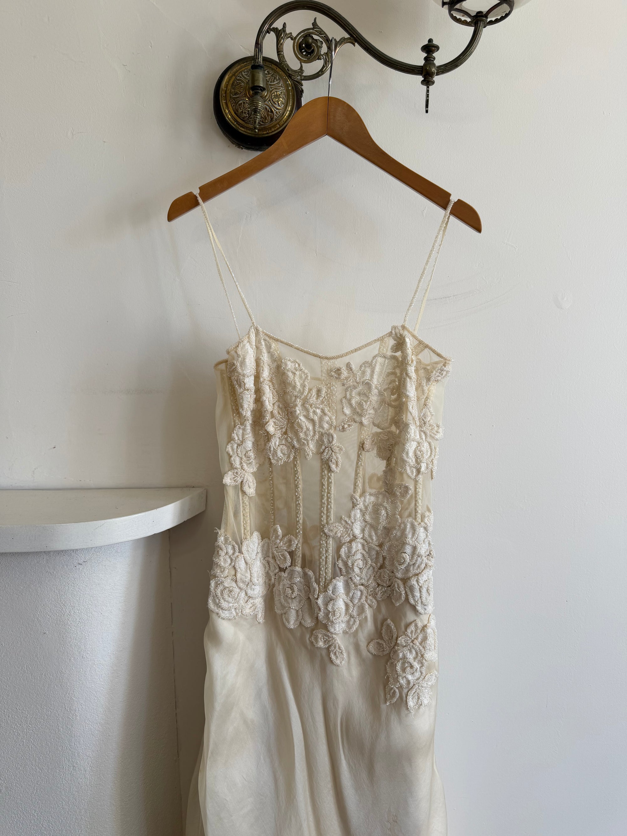 Vintage 90s Italian Nude Floral Beaded Silk Organza Wedding Gown