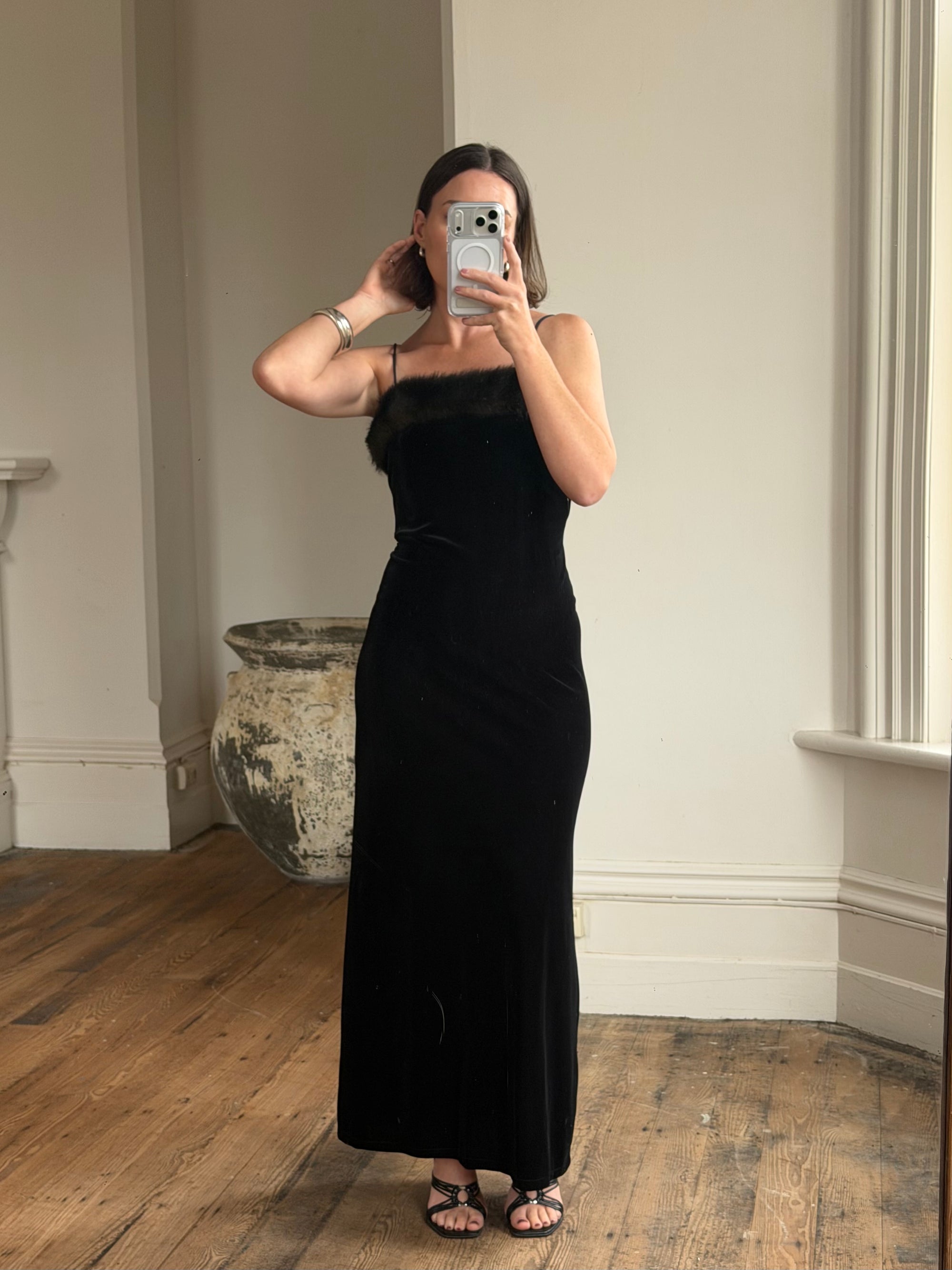 Vintage 90s Velvet Bodycon Maxi Dress with Fur Trim