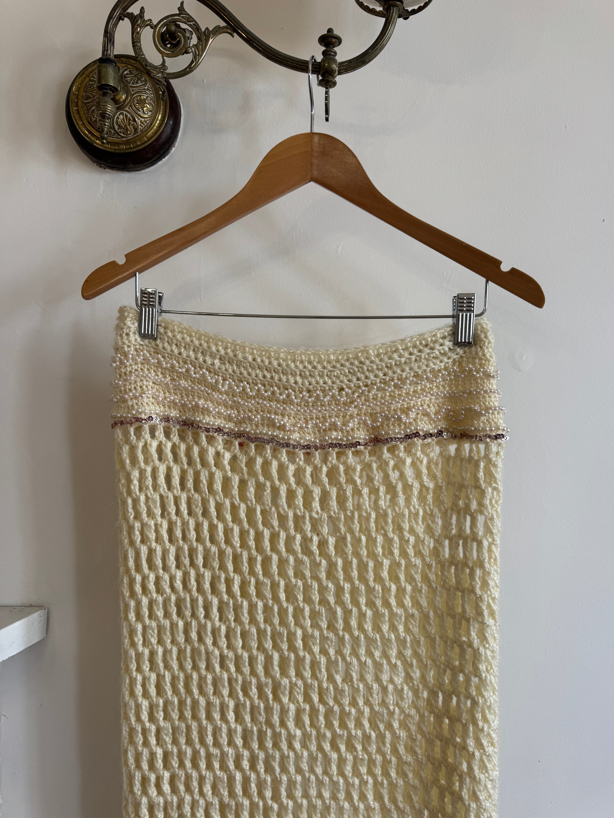 Vintage 70s Wool Crochet Beaded Mermaid Bias Skirt