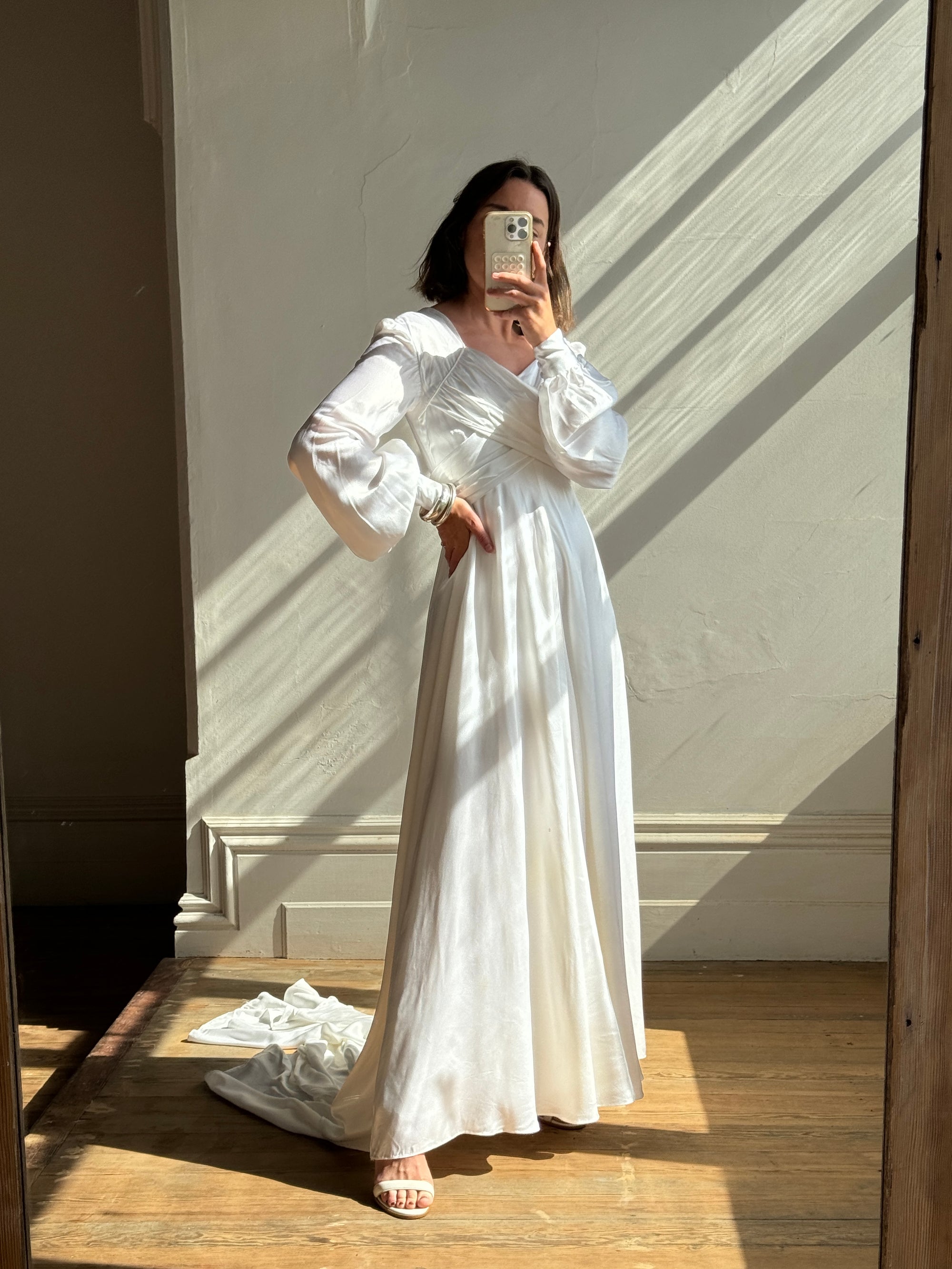 Vintage 60s Ivory Satin Draped Wedding Dress With Train