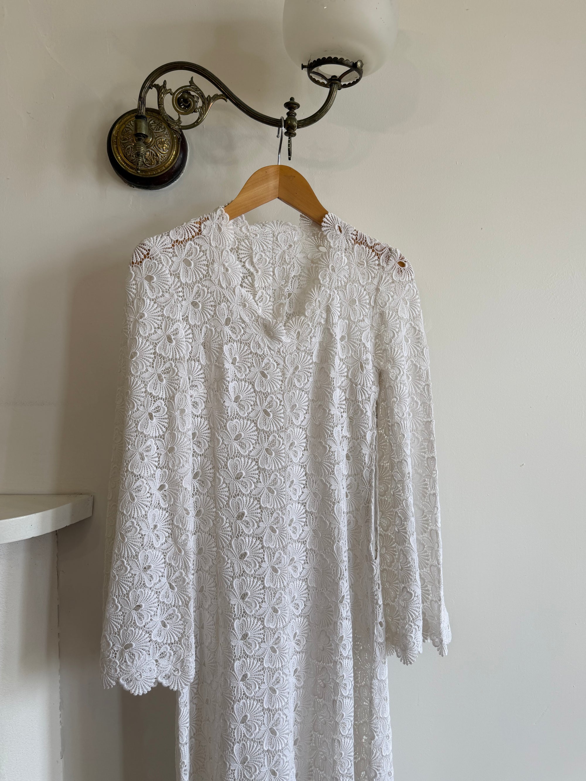 Vintage 60s Crochet Lace Long Sleeved Wedding Gown