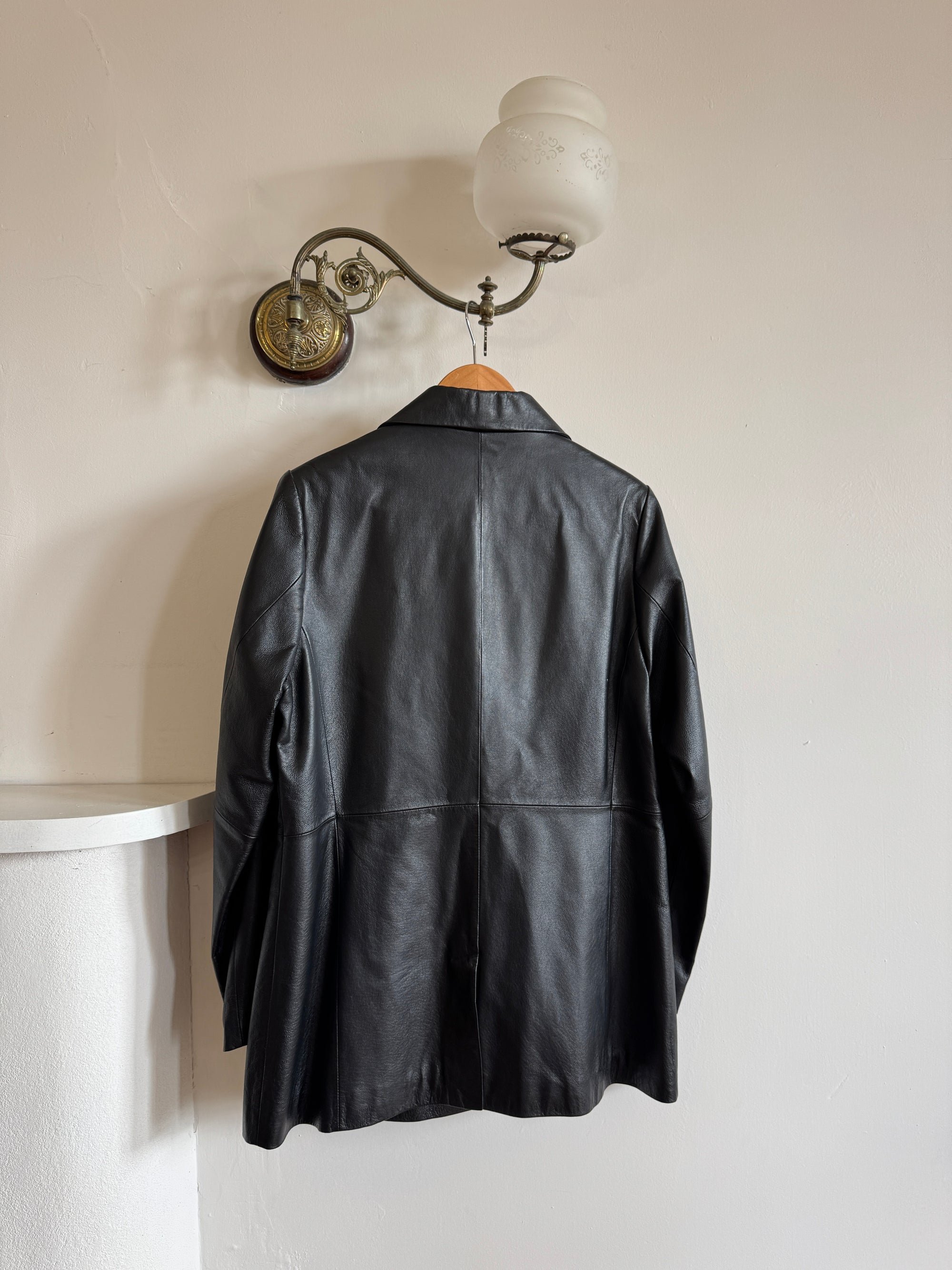 Vintage 90s Leather Mid Length Trench Noir