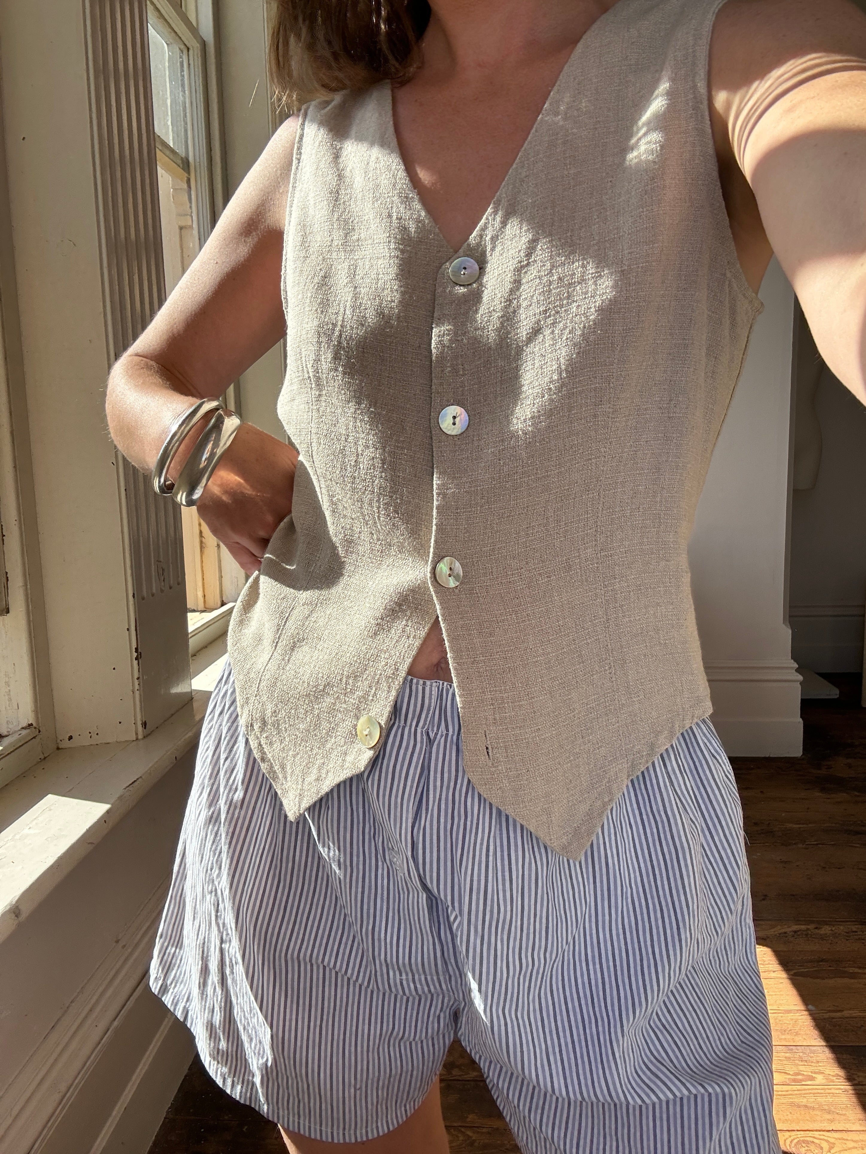 Vintage Linen Blend Beige Vest with Tie
