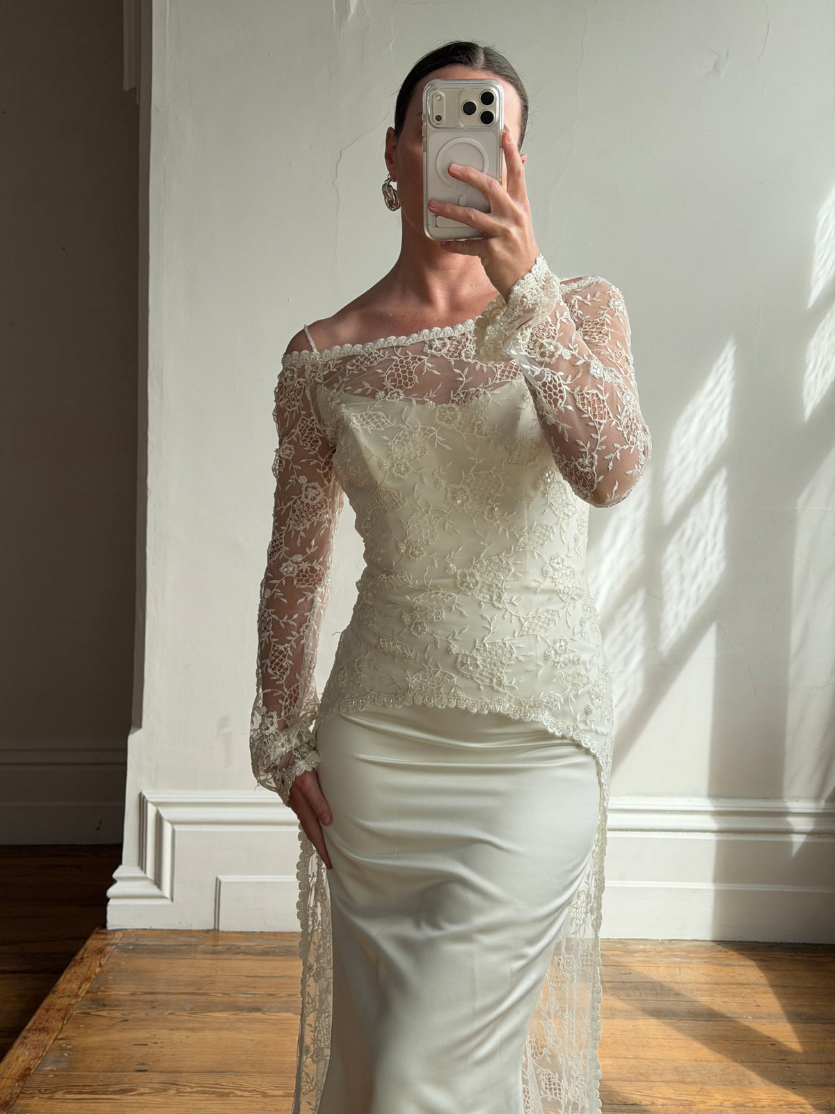 Vintage 90s Italian Beaded Lace and Satin Wedding Gown