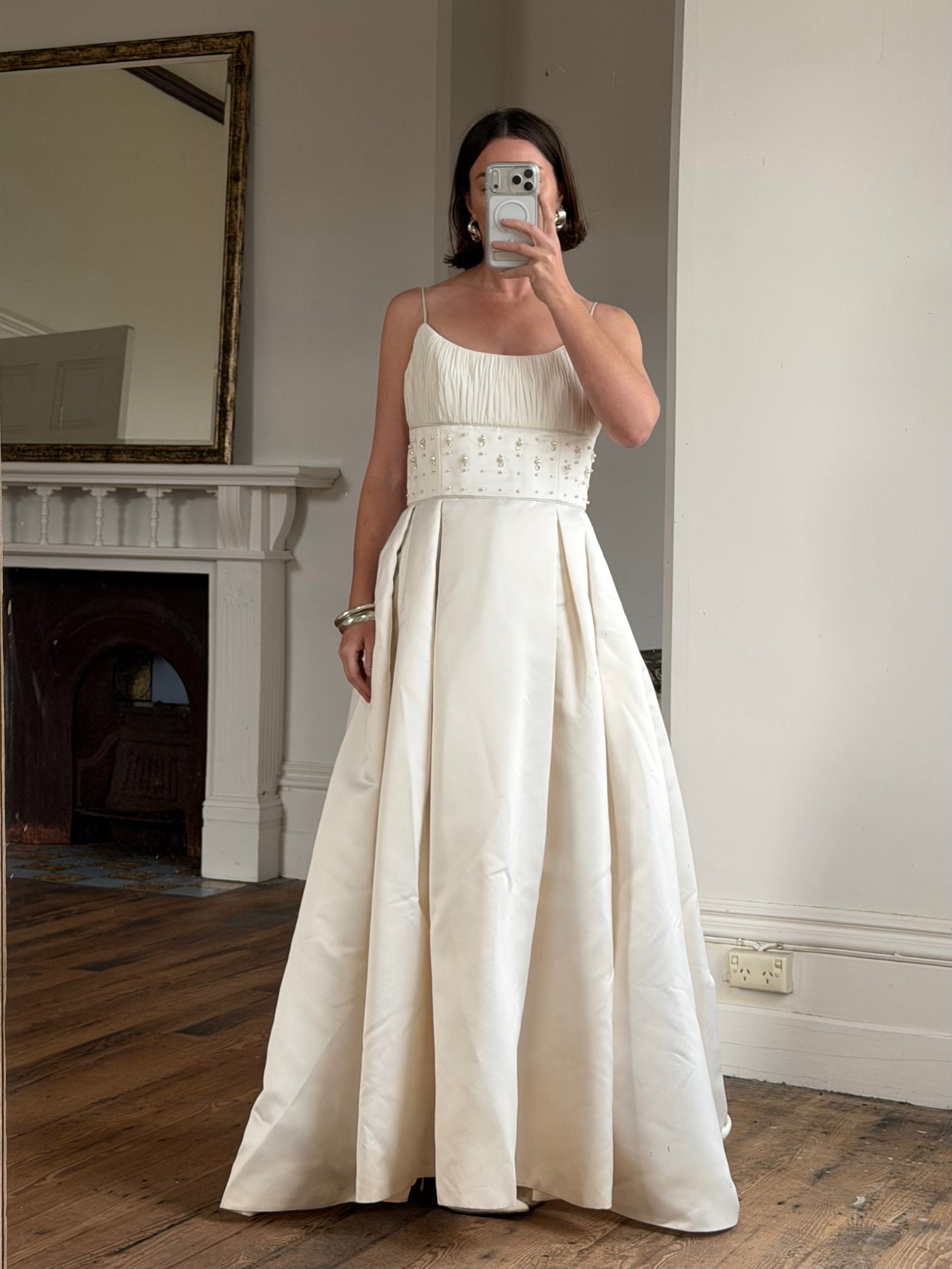 Vintage 90s Crystal Gathered Princess Satin Wedding Gown