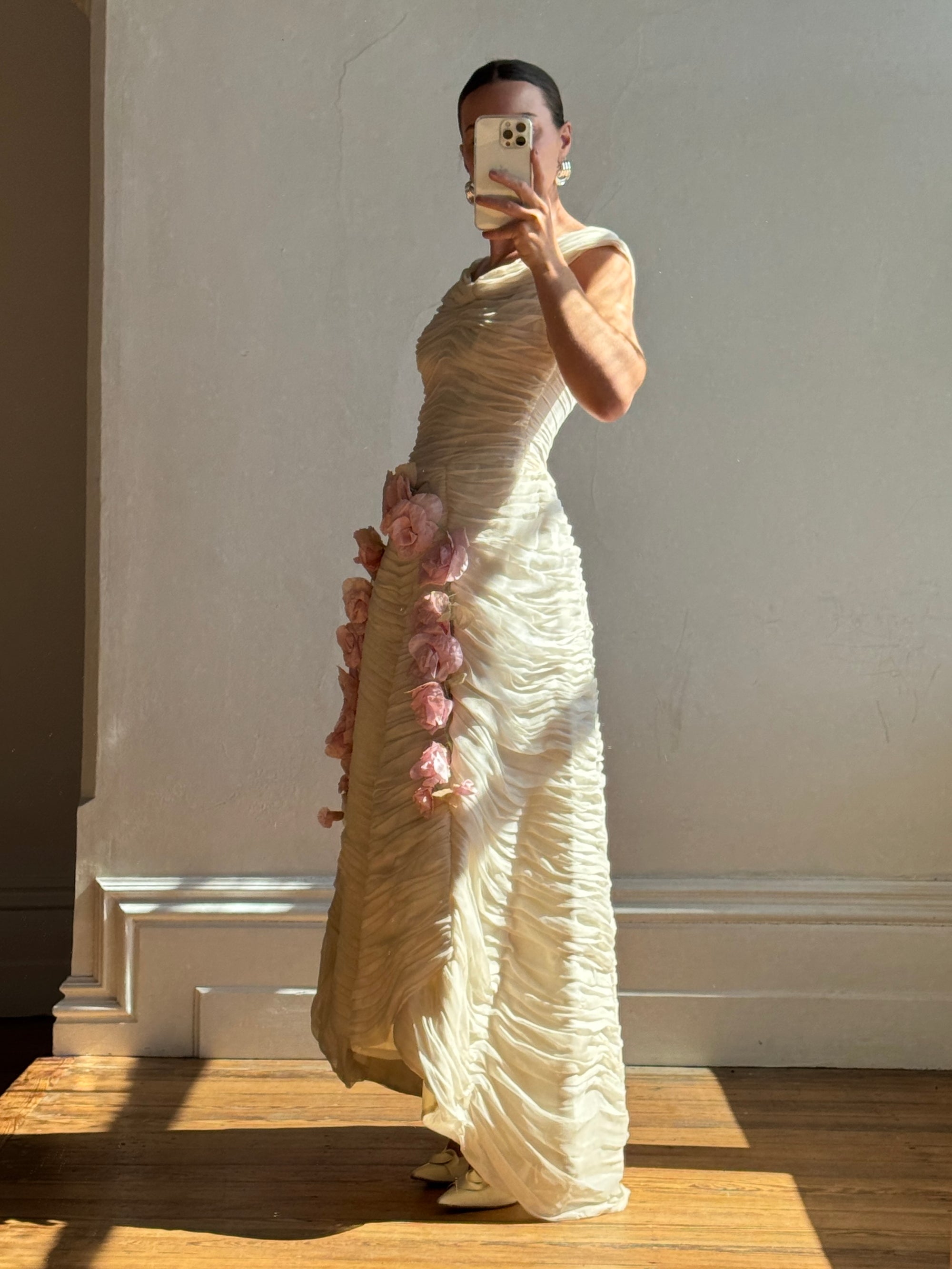 Vintage 60s Silk Pleated Wedding Gown with Pink Flowers
