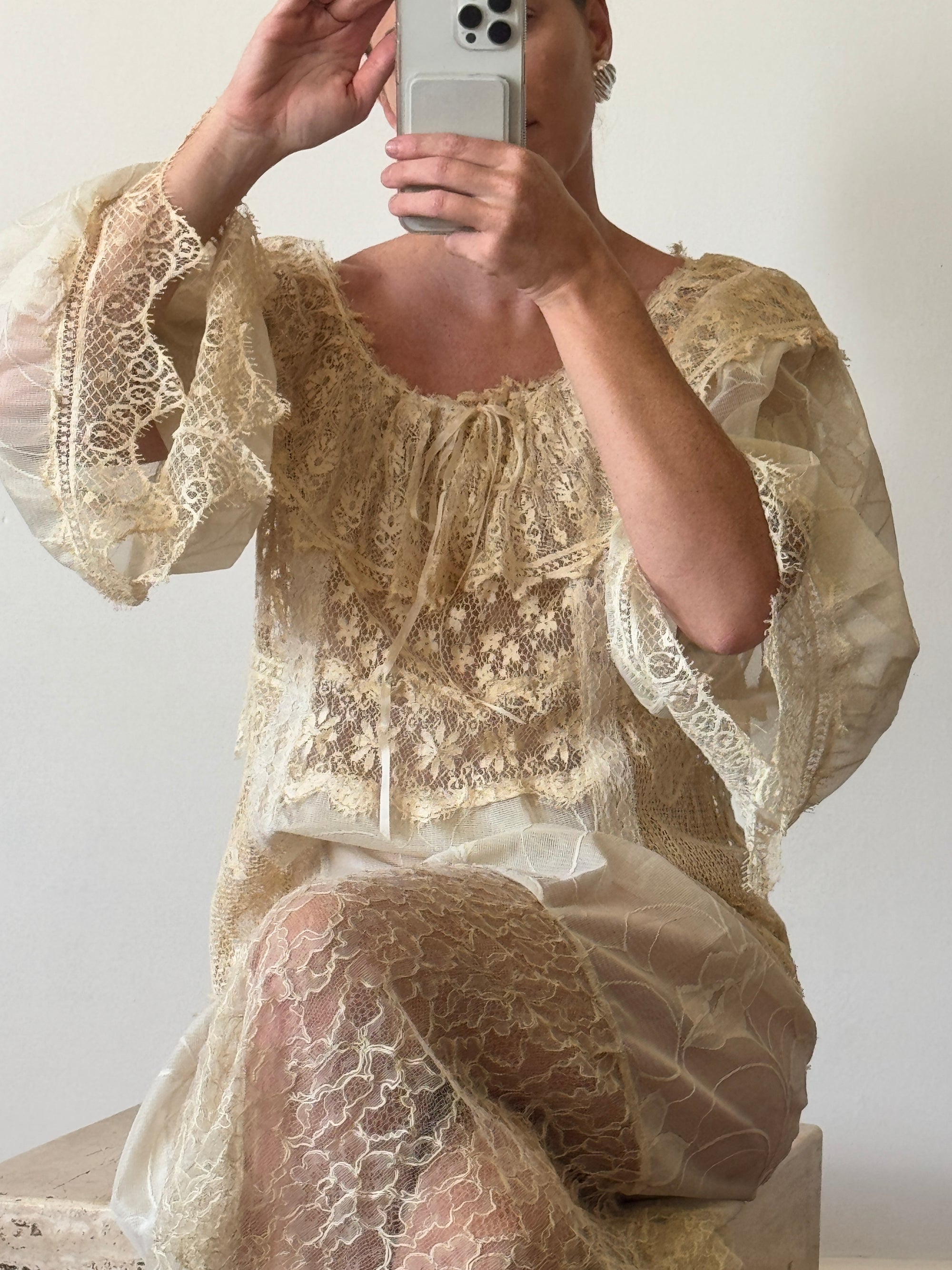 Vintage 70s Patchwork Lace Gown Creme