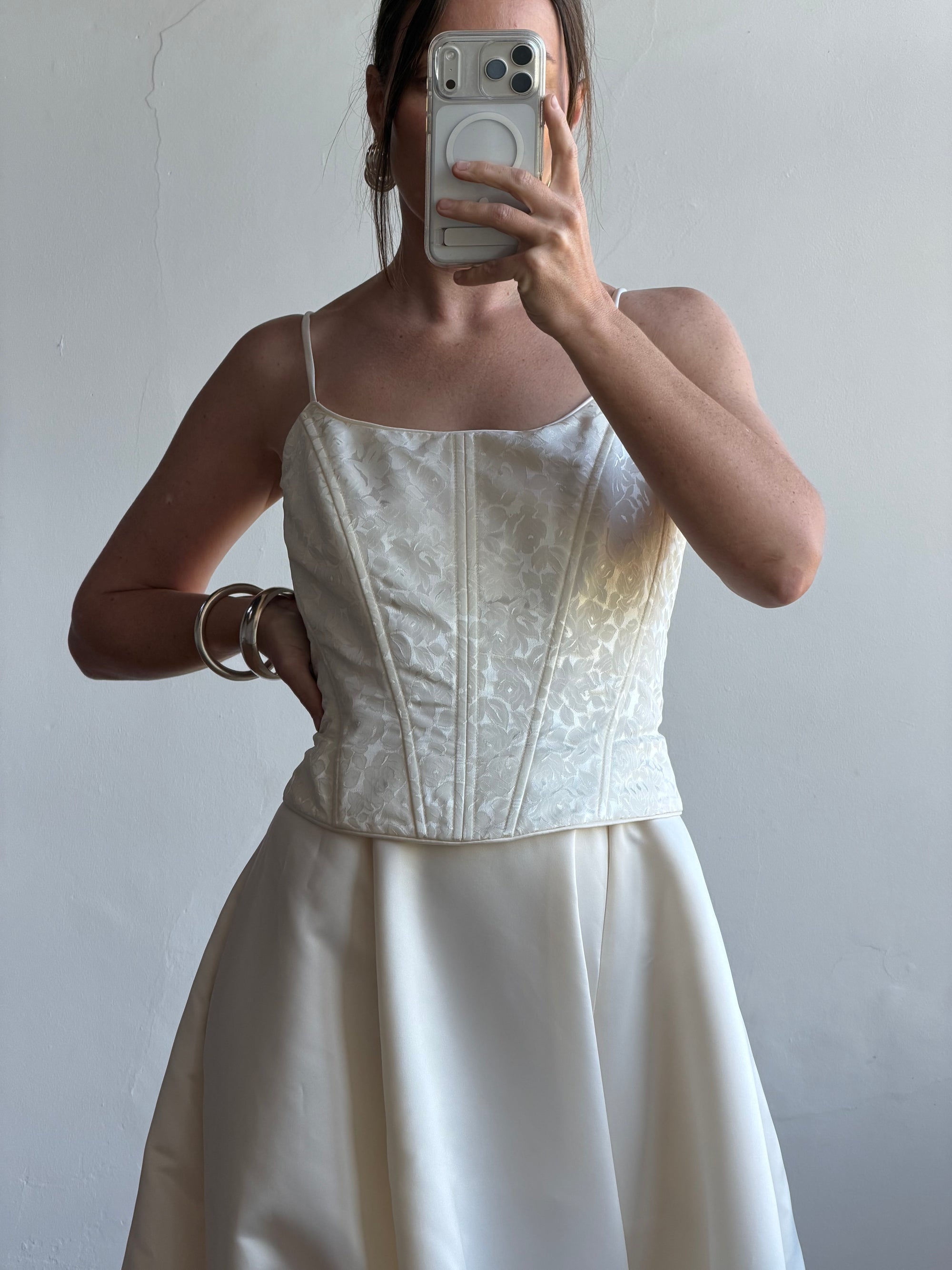 Vintage 90s Brocade Corset Satin Bridal Gown Champagne