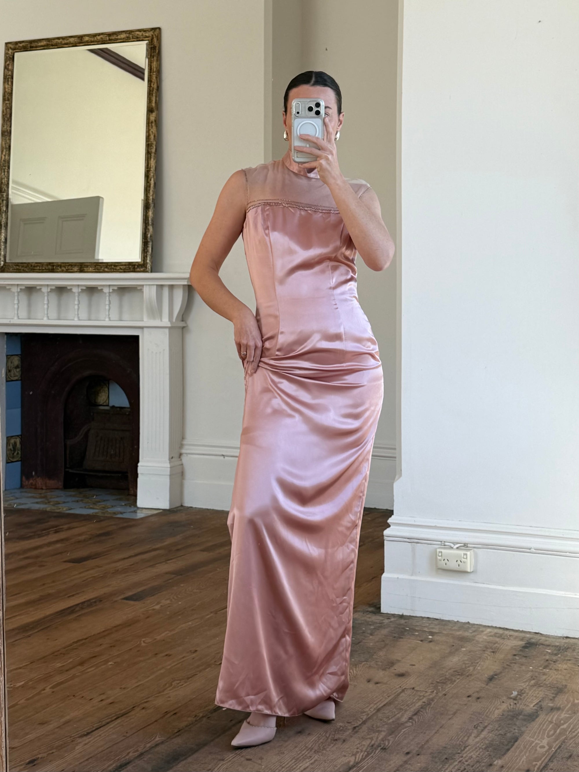 Vintage 90s Dusty Rose Satin High Neck Dress