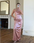 Vintage 90s Dusty Rose Satin High Neck Dress