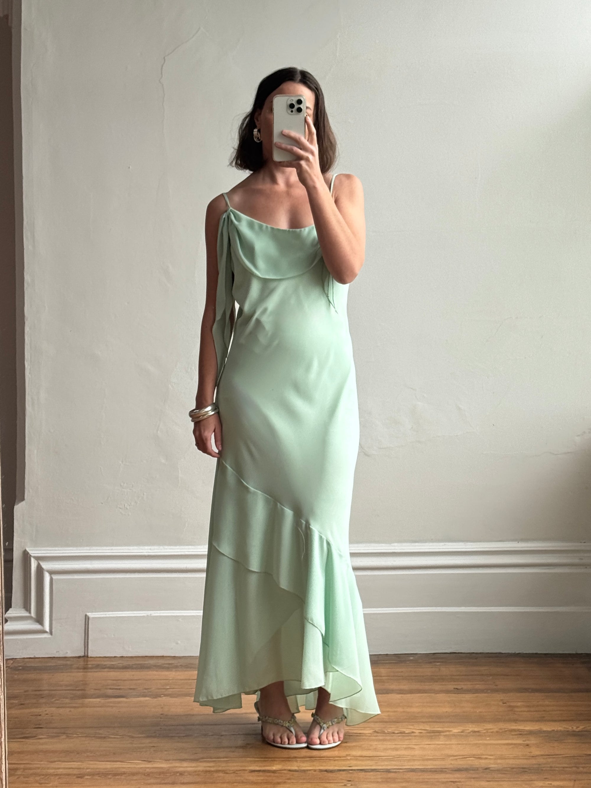 Vintage Y2K Asymmetric Chiffon Ruffle Dress Mint Green