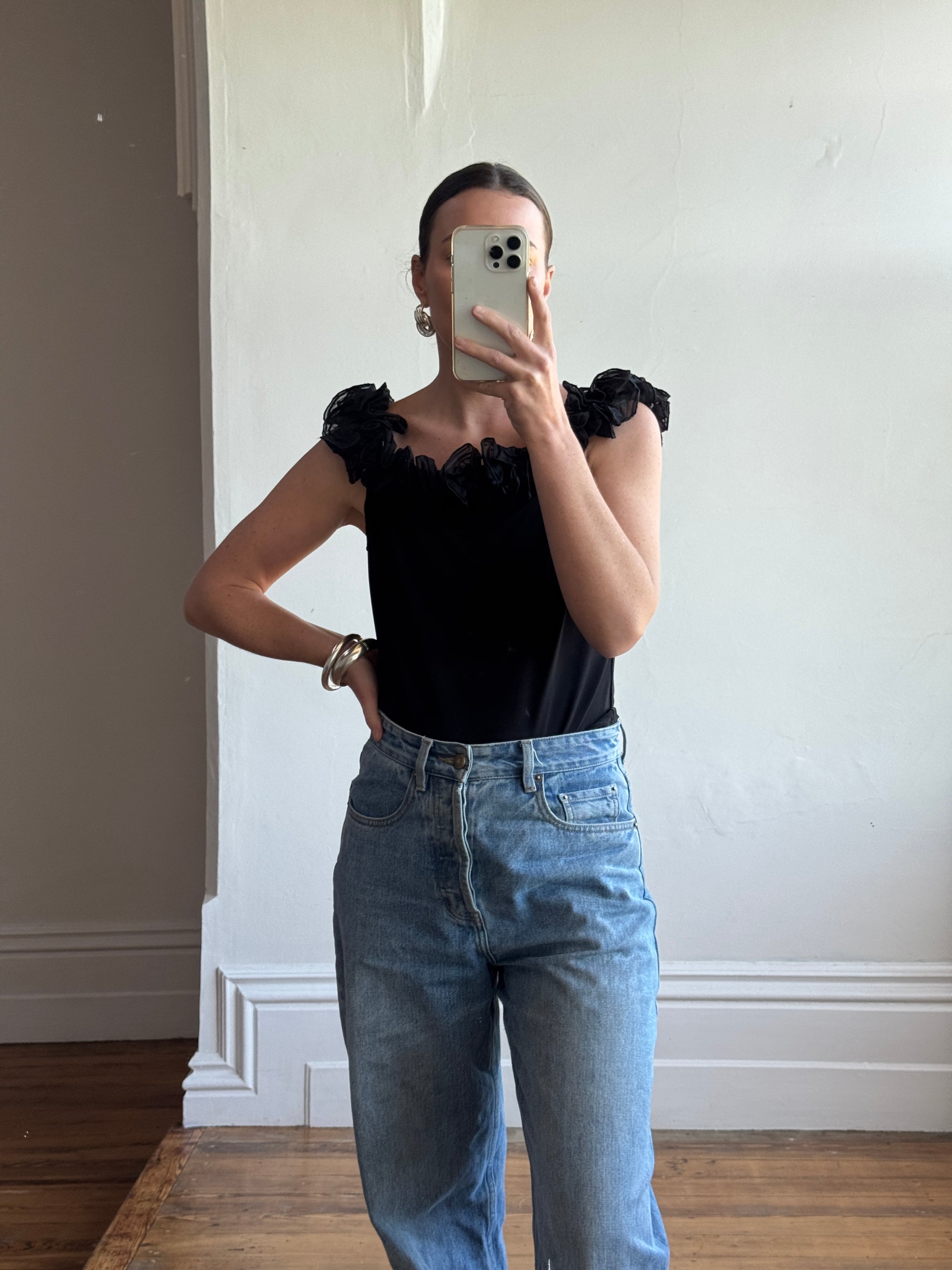 Vintage 90s Jersey Ruffle Off the Shoulder Top Noir