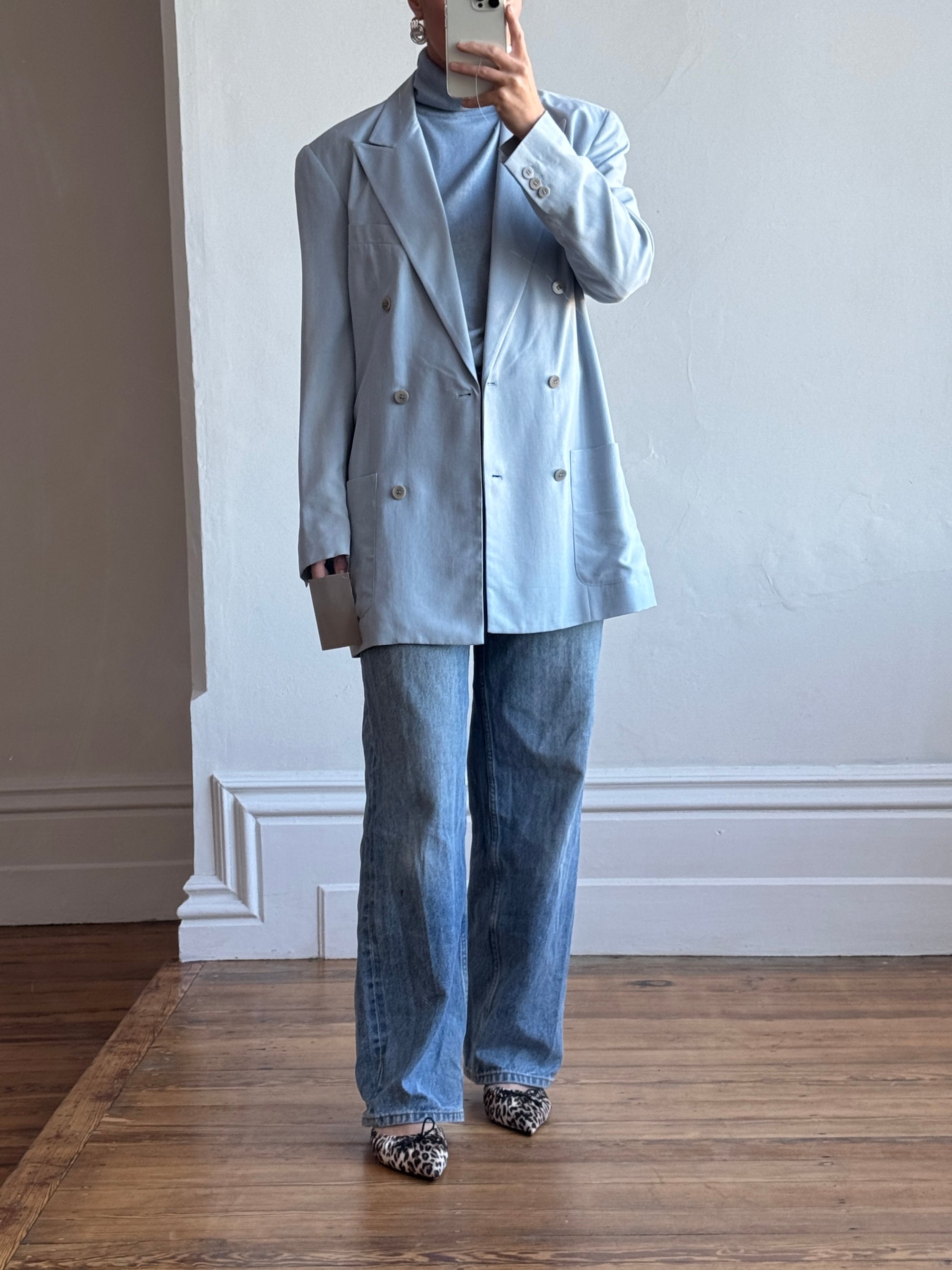 Vintage 90s Calvin Klein Pure Silk Double Breasted Blazer Dusty Blue