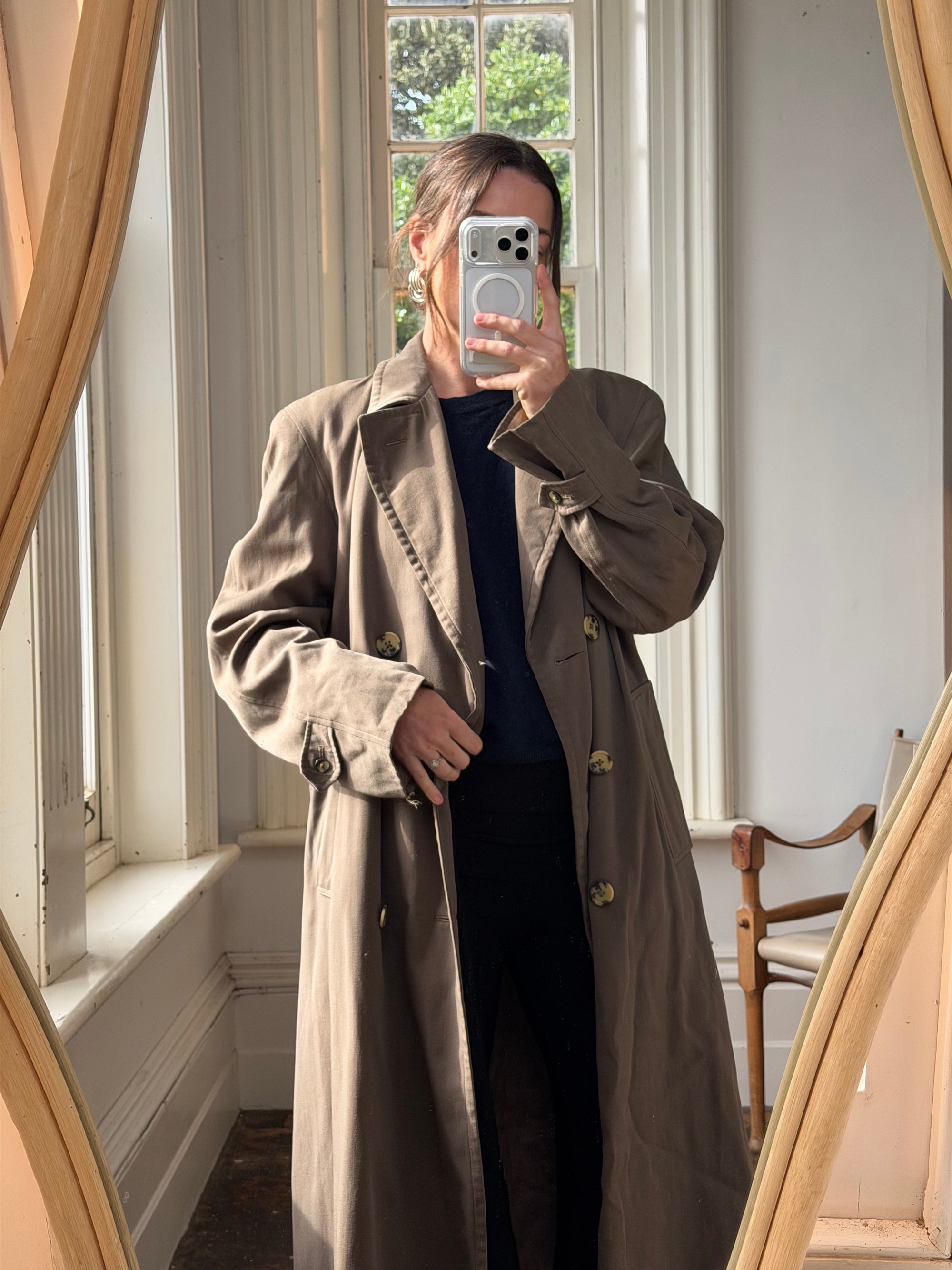 Vintage 70s Showerproof Double Breasted Trench Coat Olive