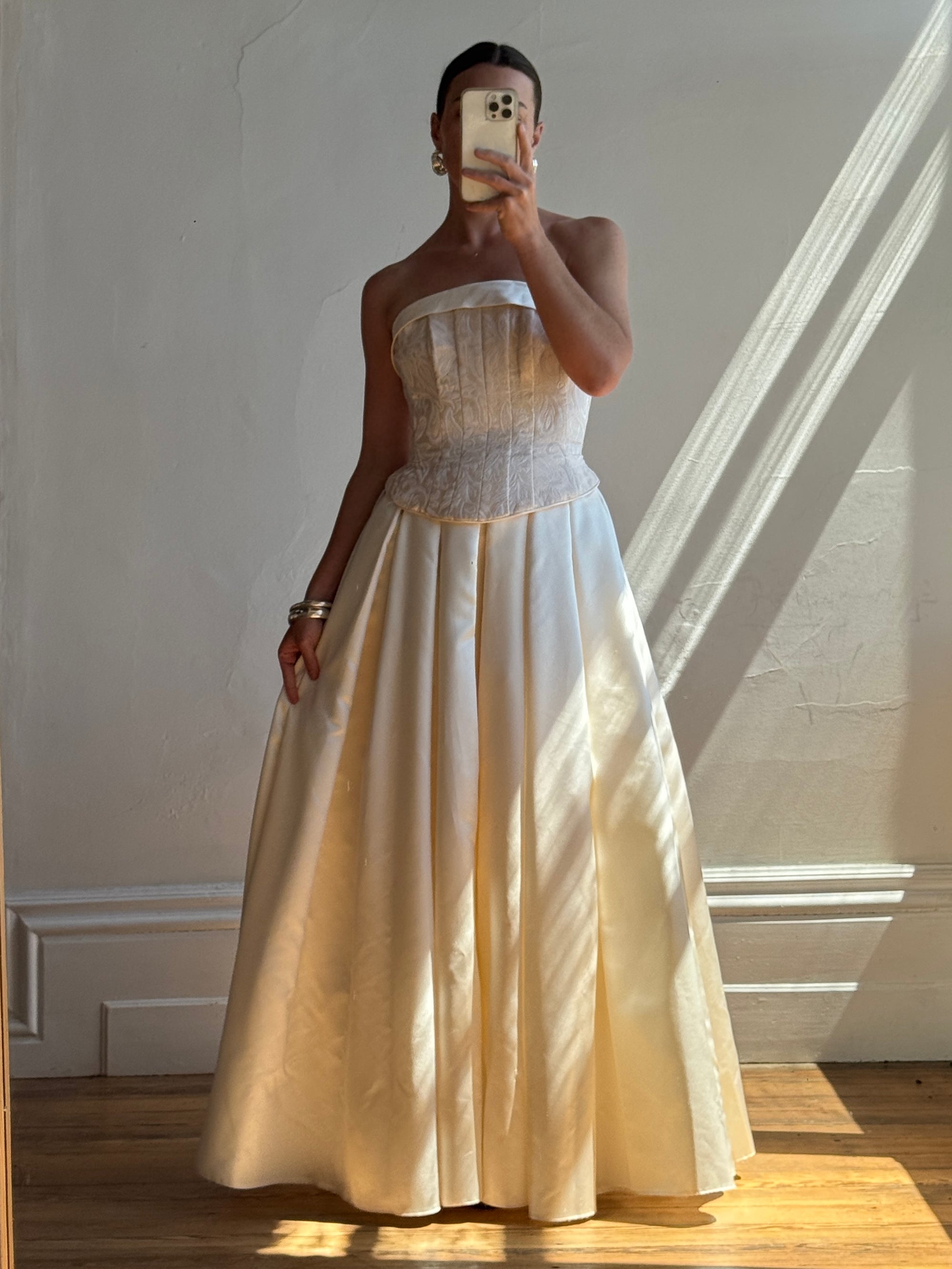 Vintage 90s Princess Brocade Champagne Wedding Gown