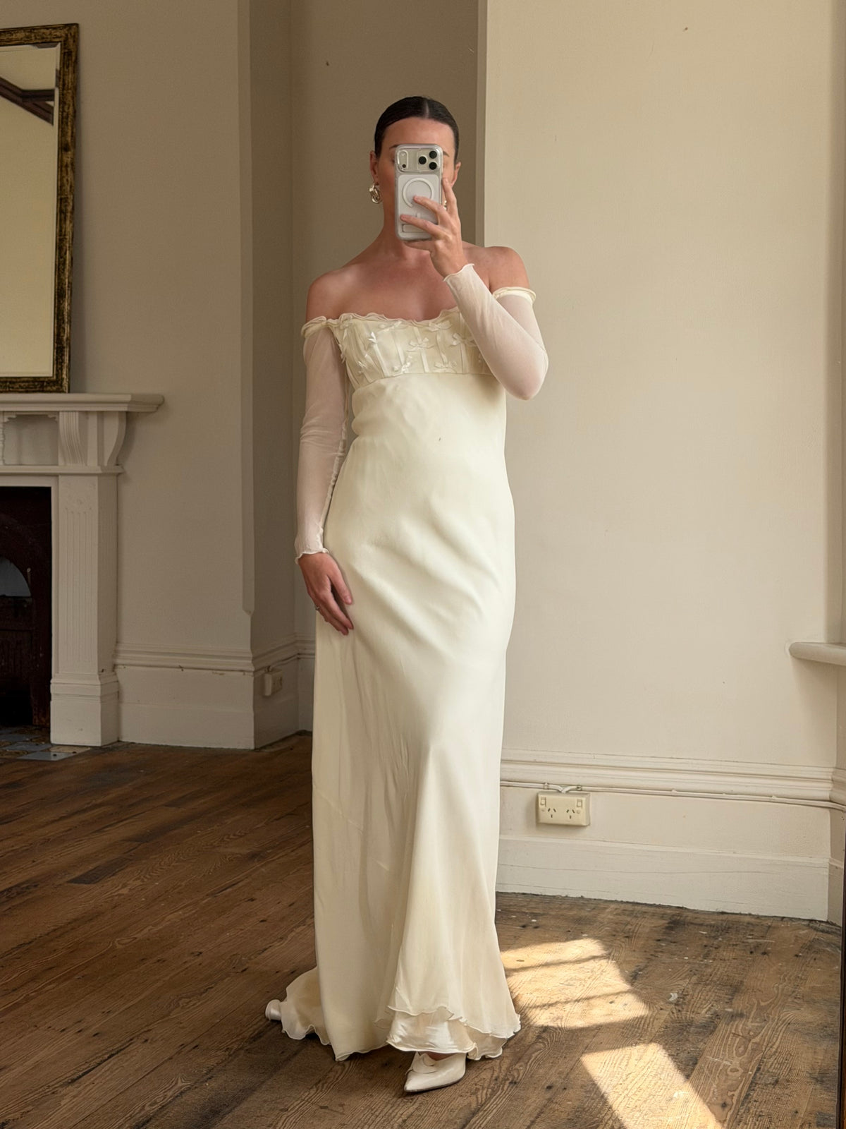 Vintage 90s Pure Silk Chiffon Empire Bow Off Shoulder Wedding Dress