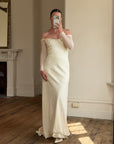 Vintage 90s Pure Silk Chiffon Empire Bow Off Shoulder Wedding Dress
