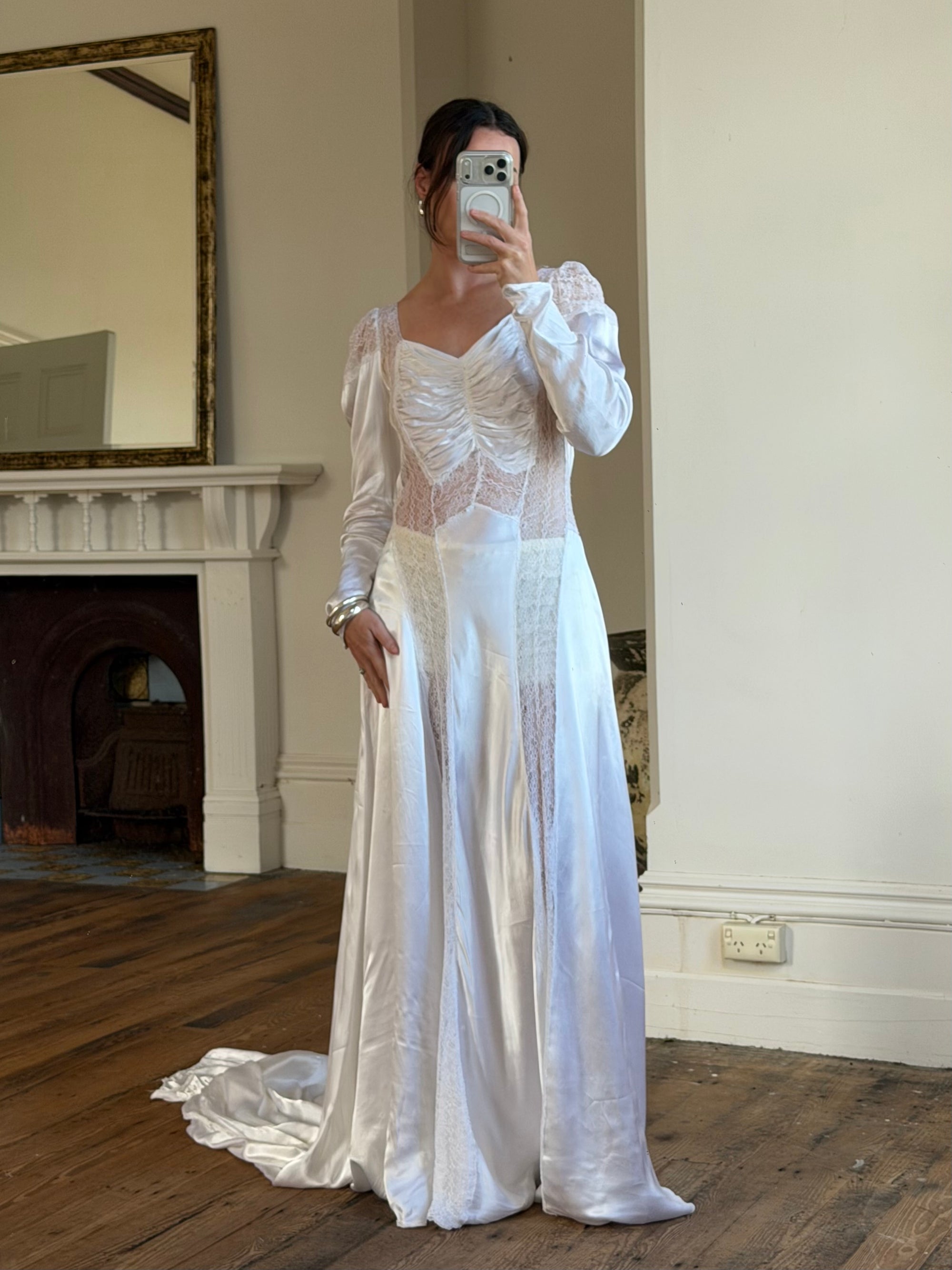 liquid silk wedding dress Ivory Silk Satin Illusion Lace Top Jewel Neck Vintage Wedding Dresses, CW0381 US10 / As Pic