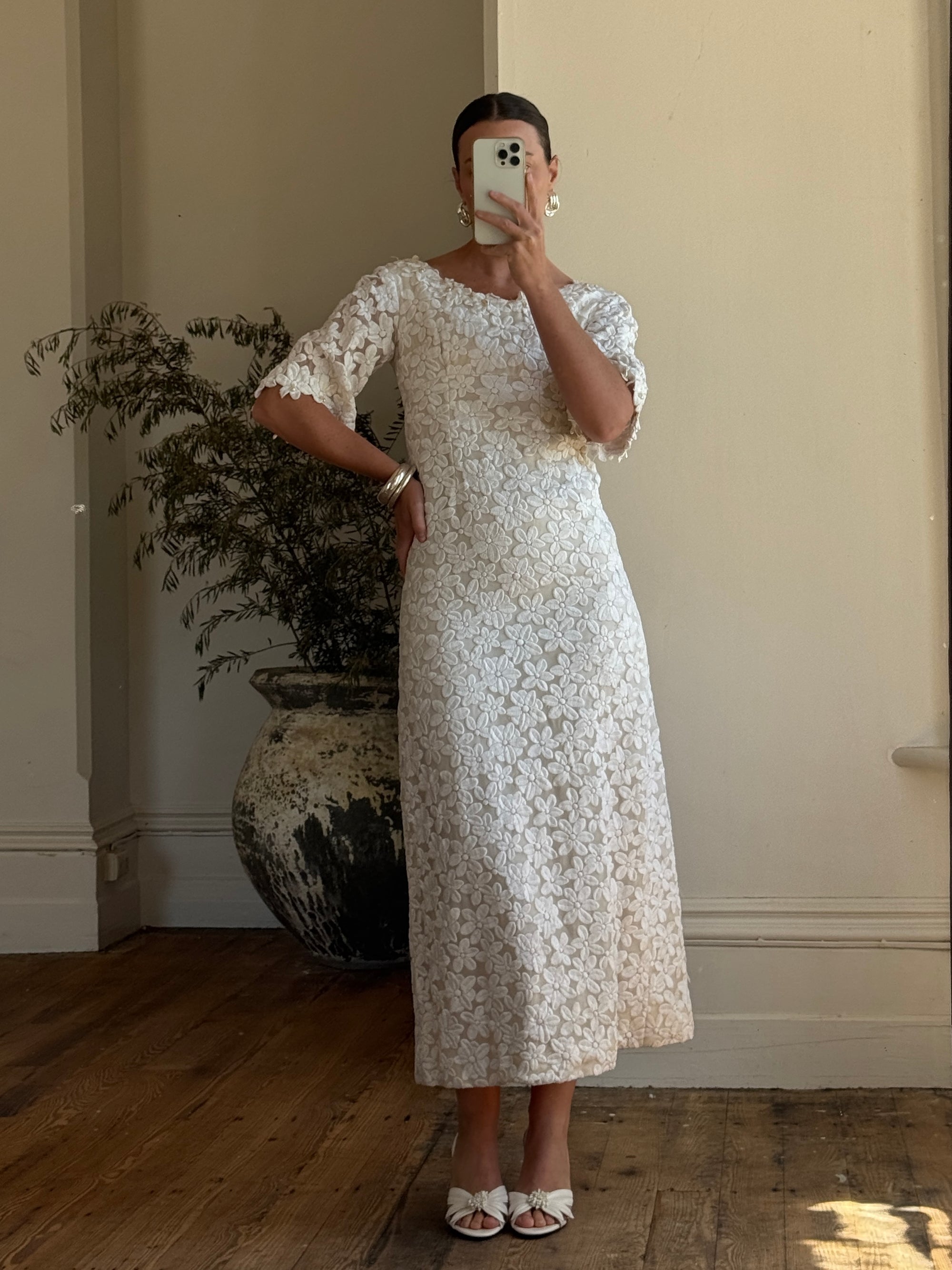 Vintage 60s Embroidered Floral Bridal Midi