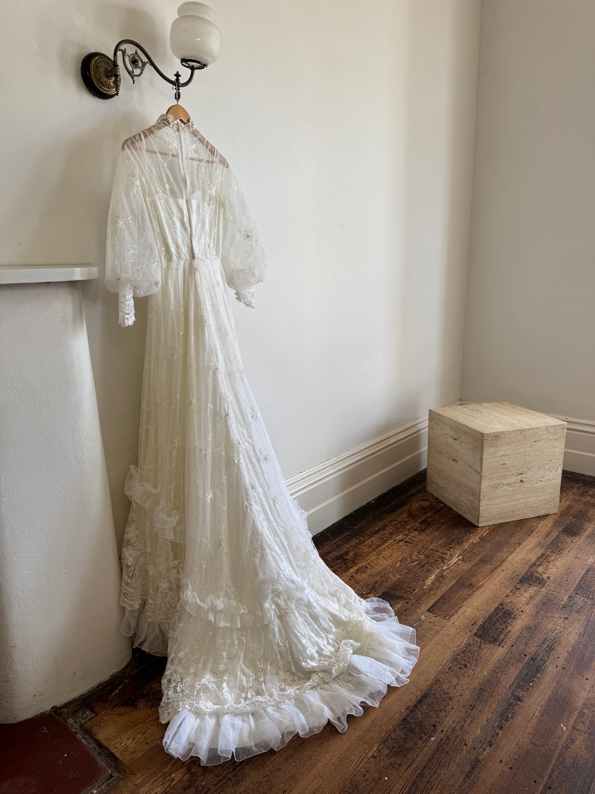 Vintage 70s Embroidered Prairie Long Sleeved Wedding Gown