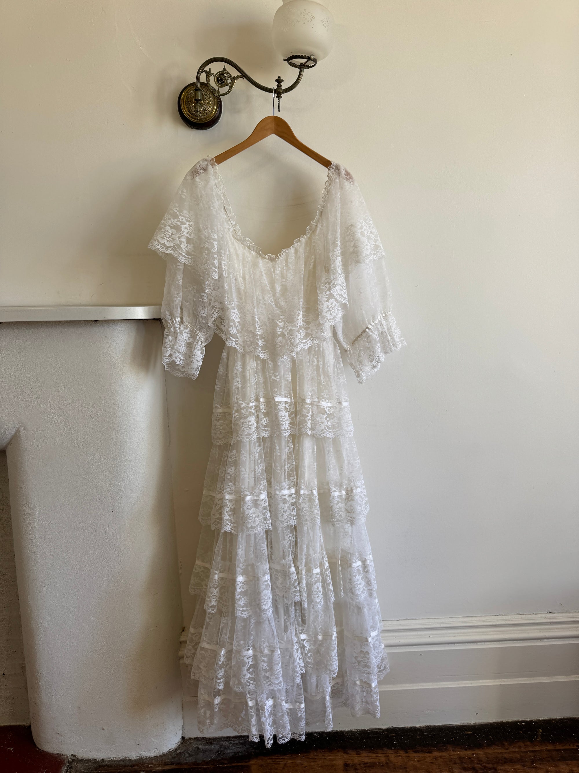 Vintage 70s Tiered Lace Ruffle Wedding Gown