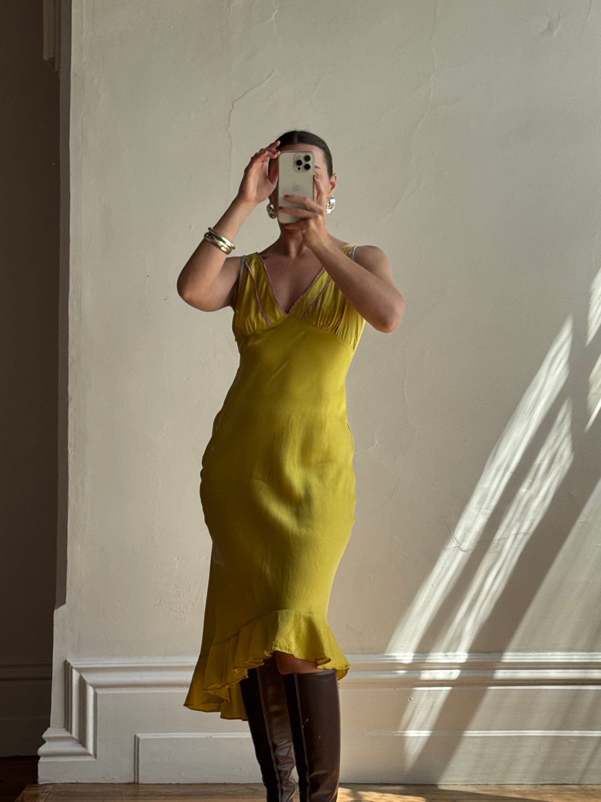Vintage 90s Pure Silk Bias Midi Dress Chartreuse Multi Call Me The Breeze Vintage 90s Pure Silk Bias Midi Dress Chartreuse Multi Call Me The Breeze