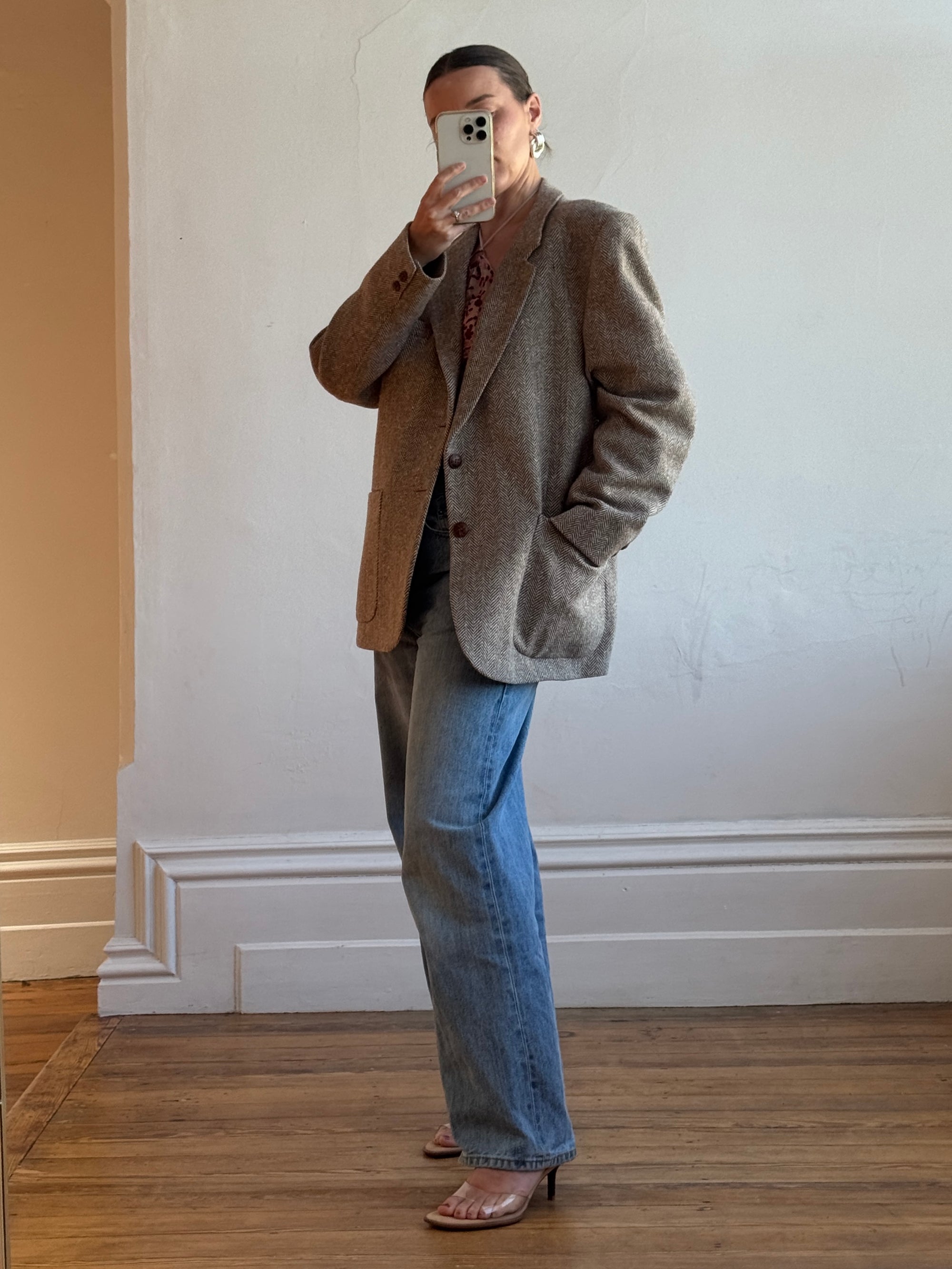 Vintage 60s Wool Plaid Blazer Brown Herringbone