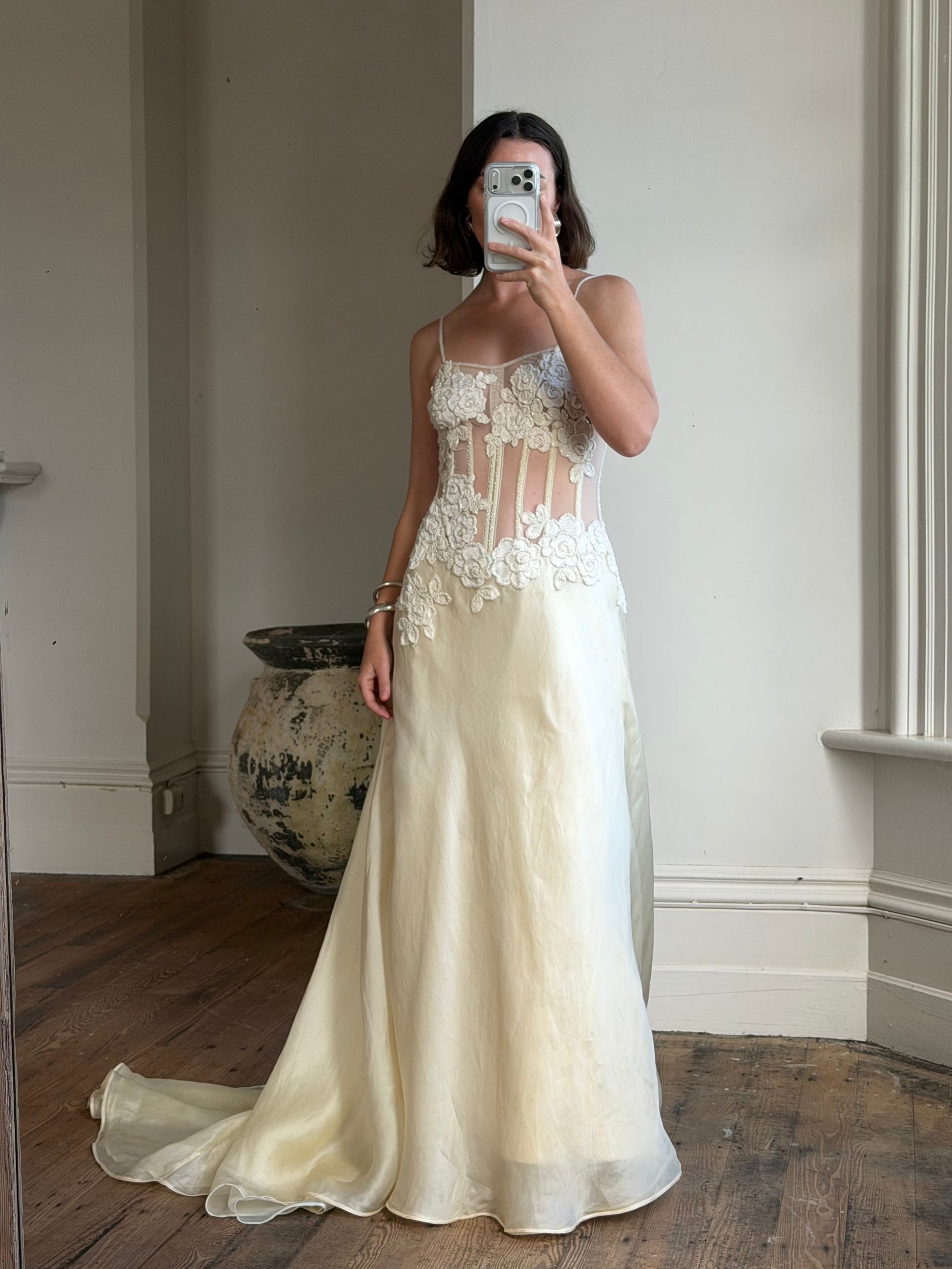 Vintage 90s Italian Nude Floral Beaded Silk Organza Wedding Gown