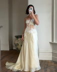 Vintage 90s Italian Nude Floral Beaded Silk Organza Wedding Gown