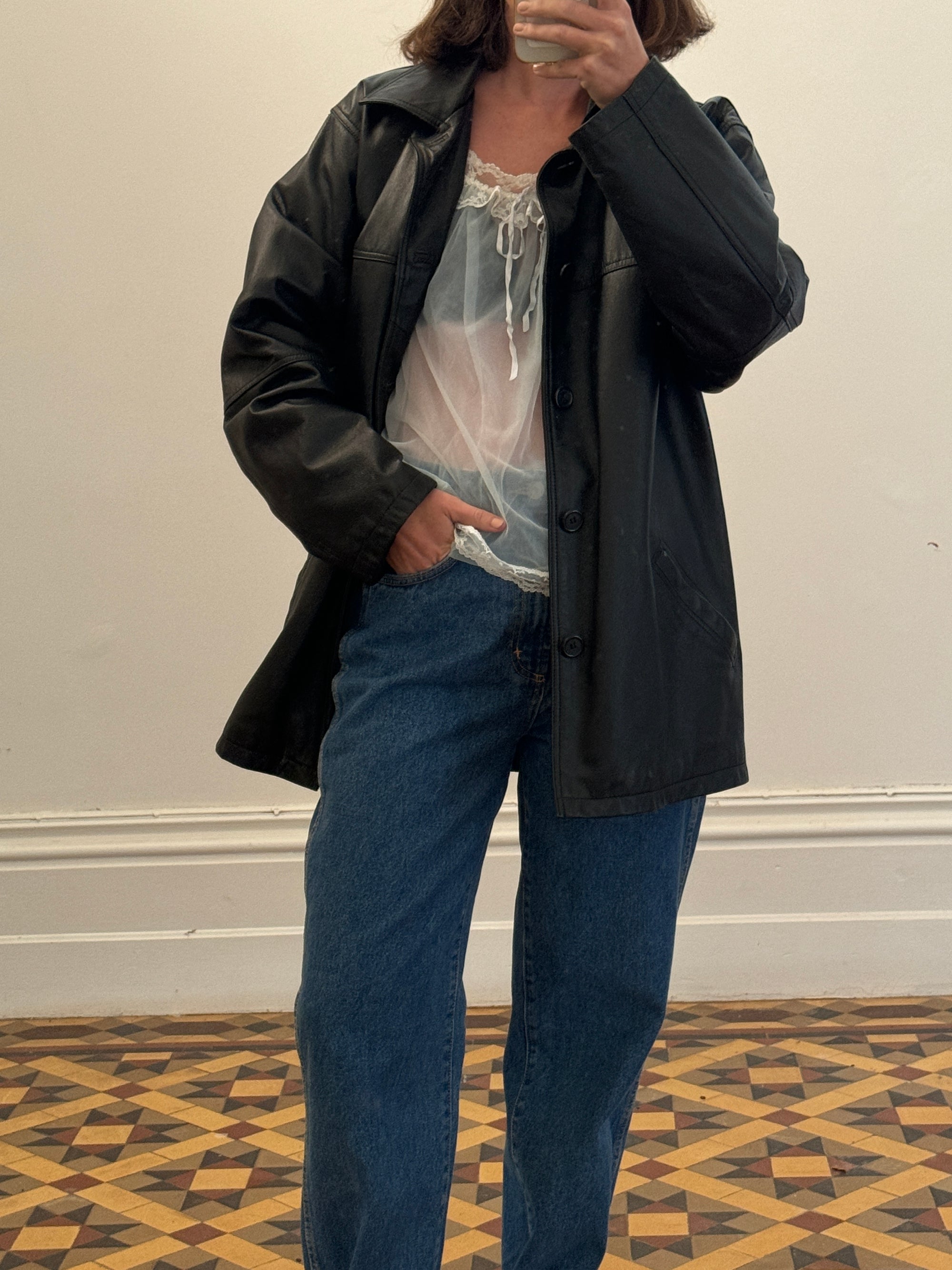 Vintage 90s Leather Short Trench Black