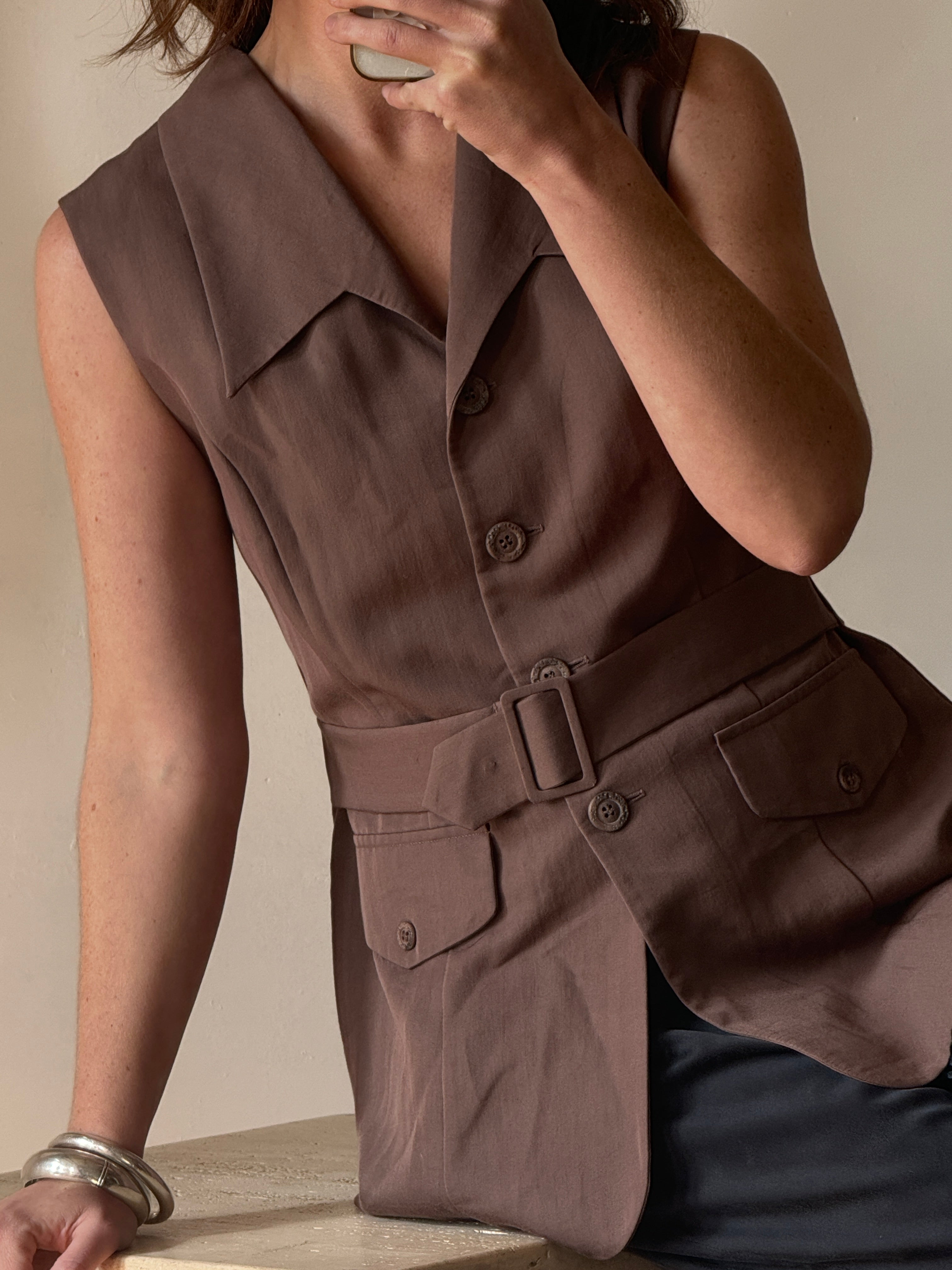 Vintage Taupe Brown Belted Utility Vest