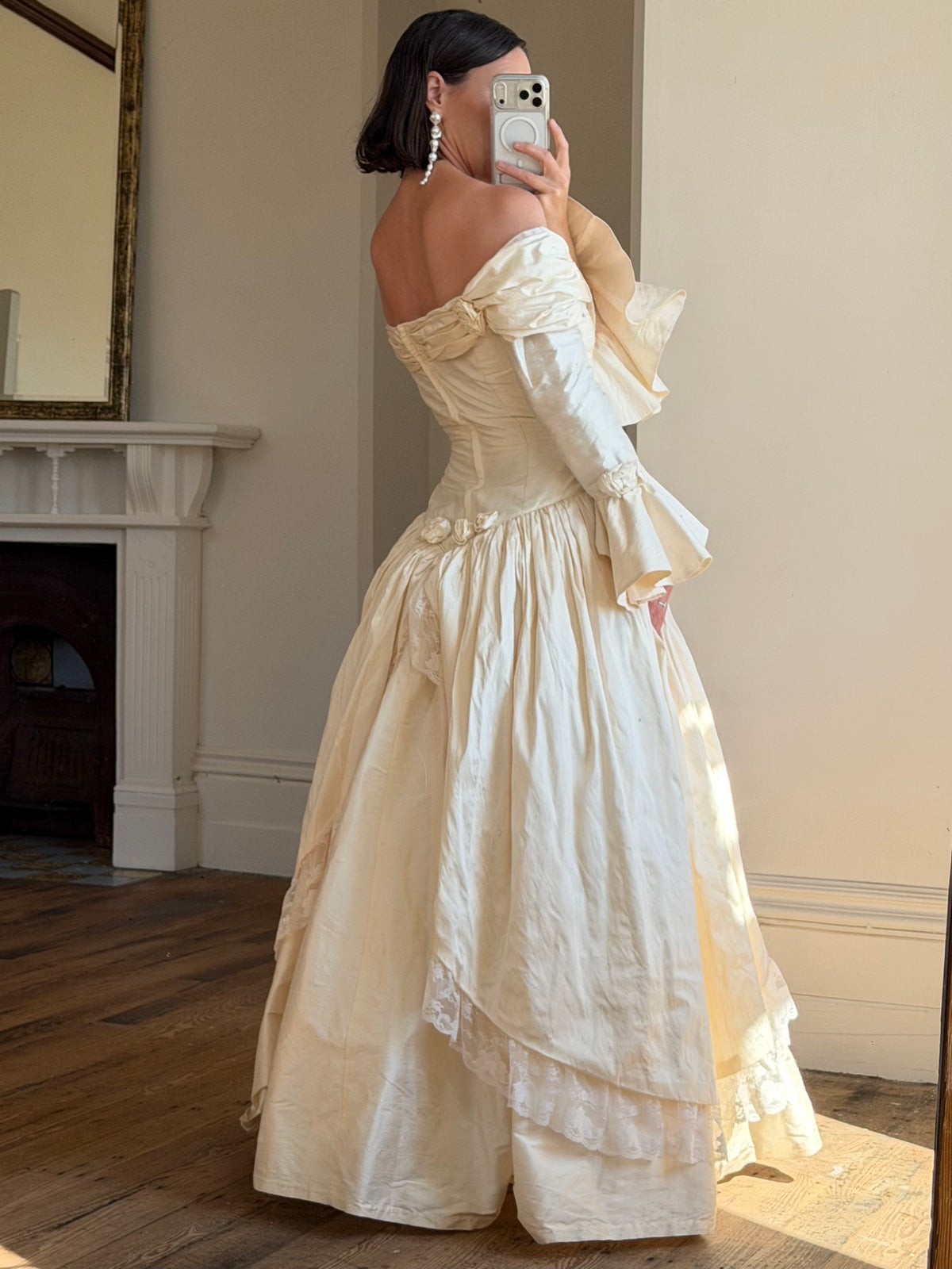 Vintage 90s Silk Dupion Off Shoulder Rosette Bridal Ballgown