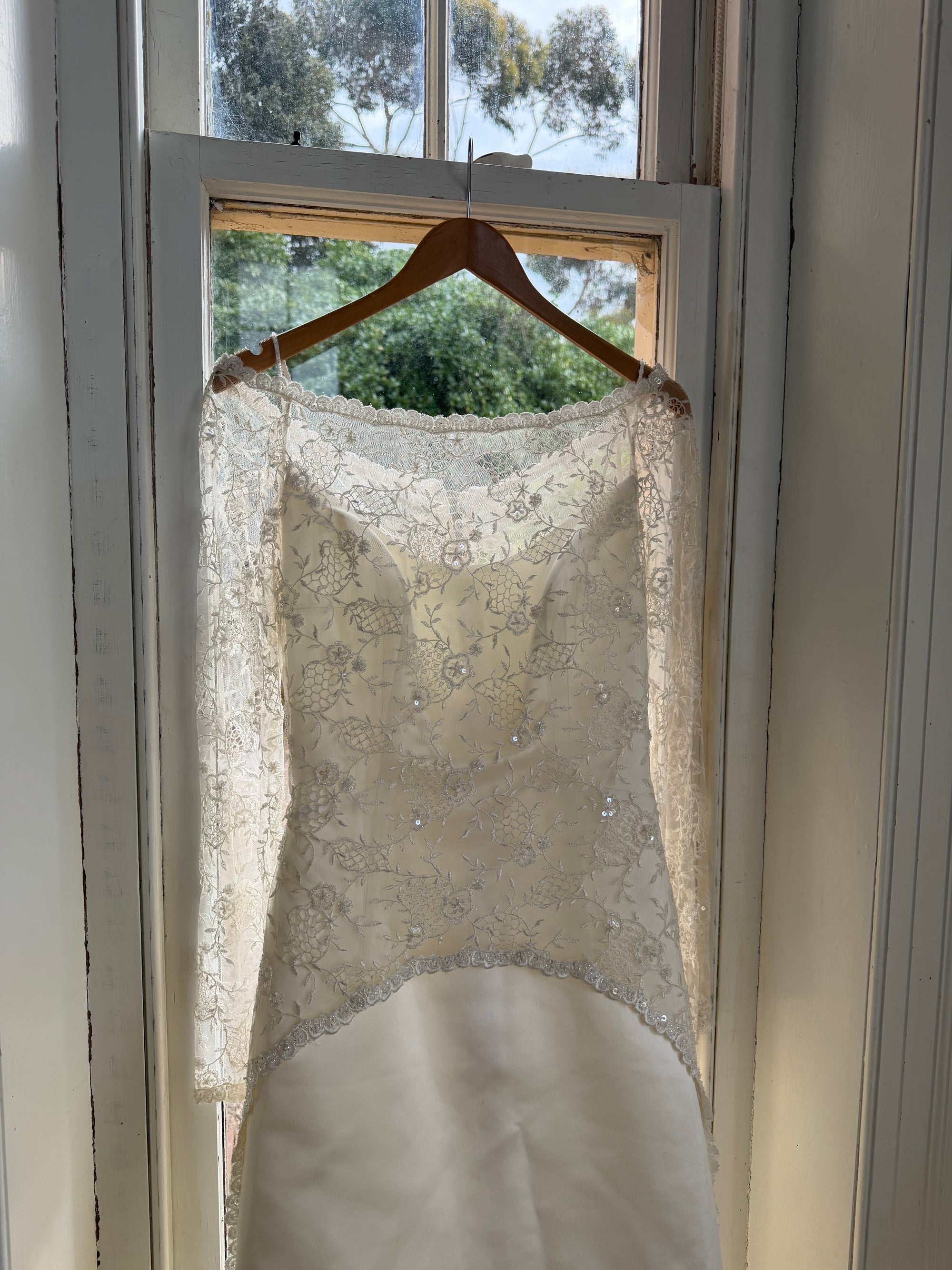Vintage 90s Italian Beaded Lace and Satin Wedding Gown