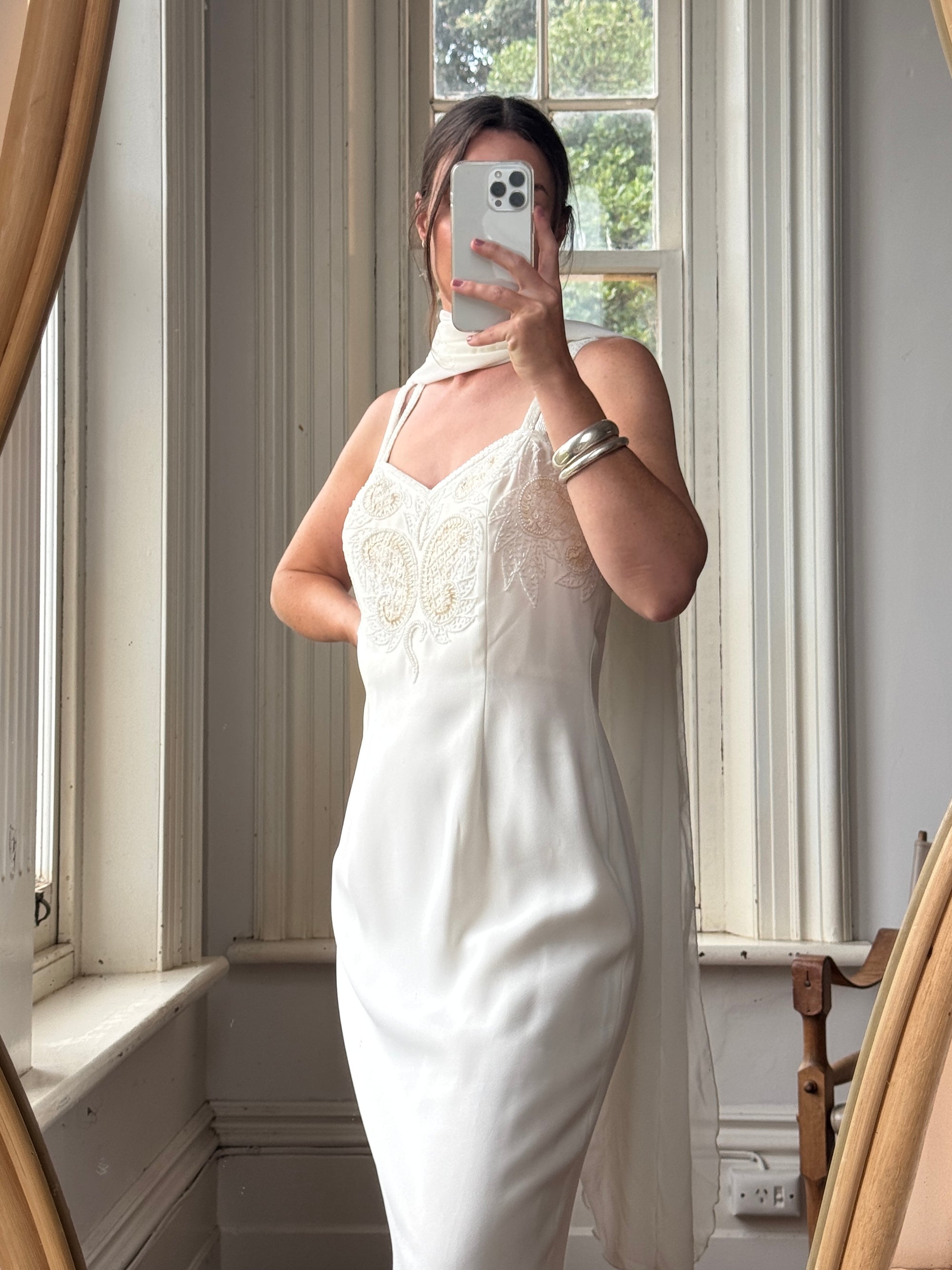 Vintage 90s Crepe Beaded Column Bridal Slip