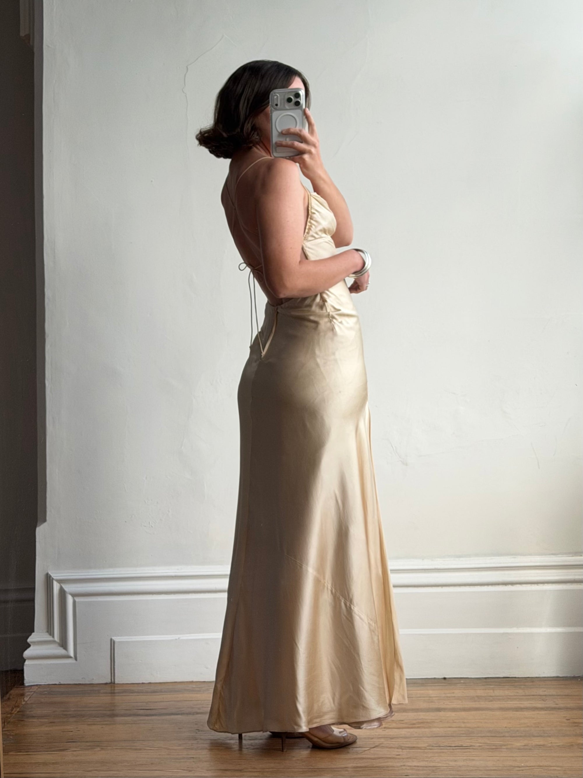 Vintage 90s Pure Silk Bias Cut Split Gown Champagne