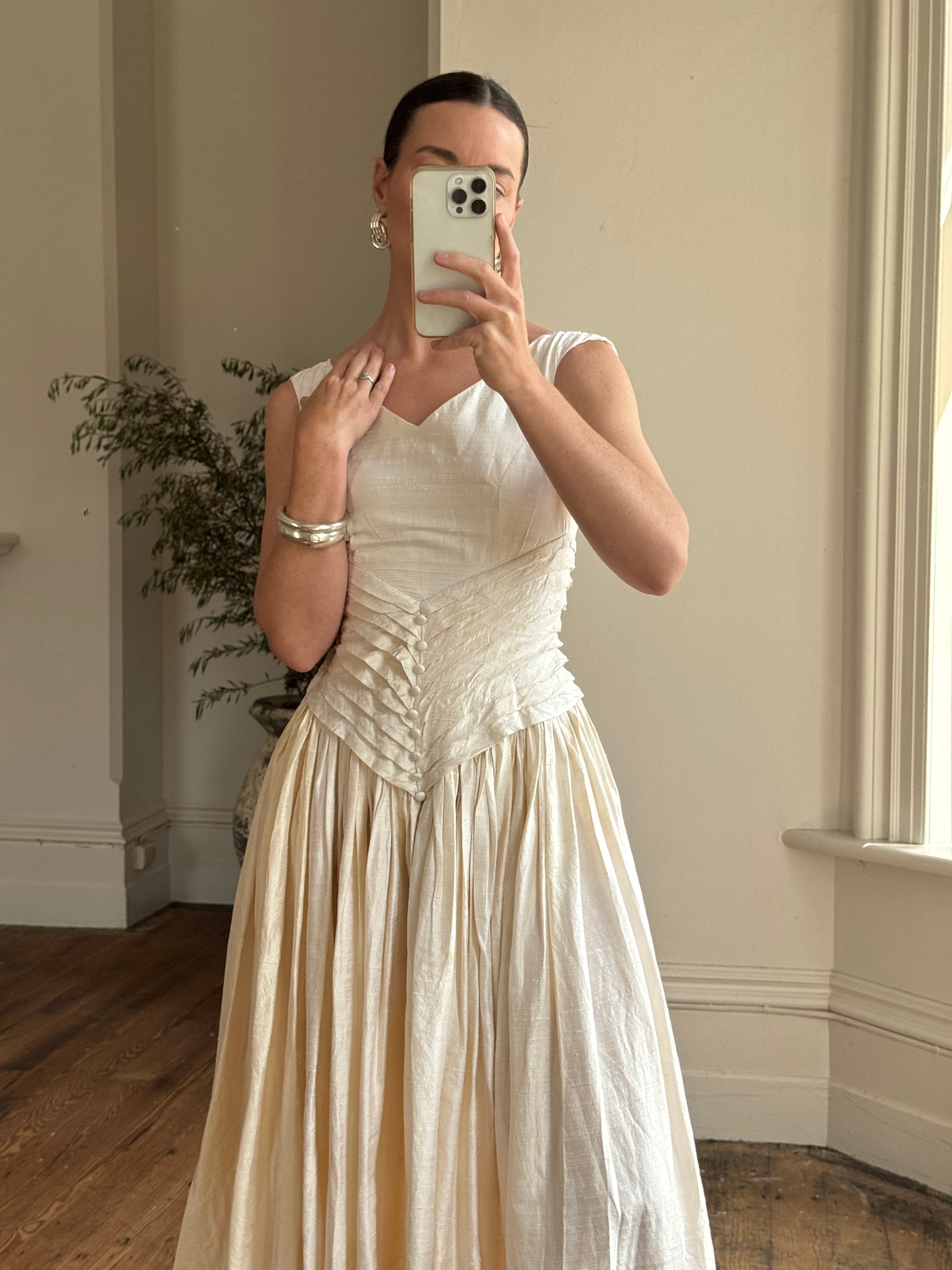 Vintage 90s Pure Silk Pleated Waist Wedding Dress