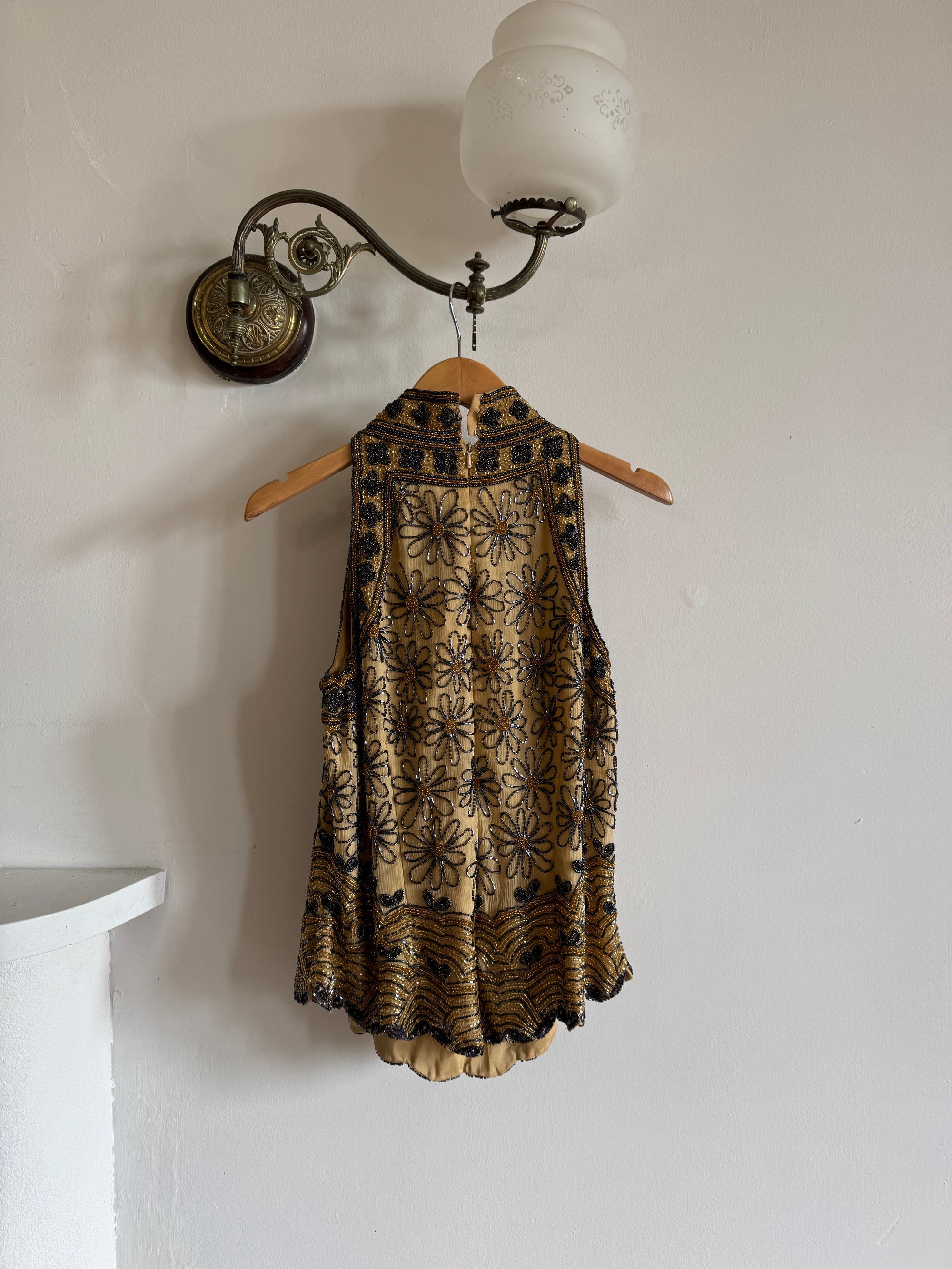 Vintage 90s Beaded Silk High Neck Top Golden Noir