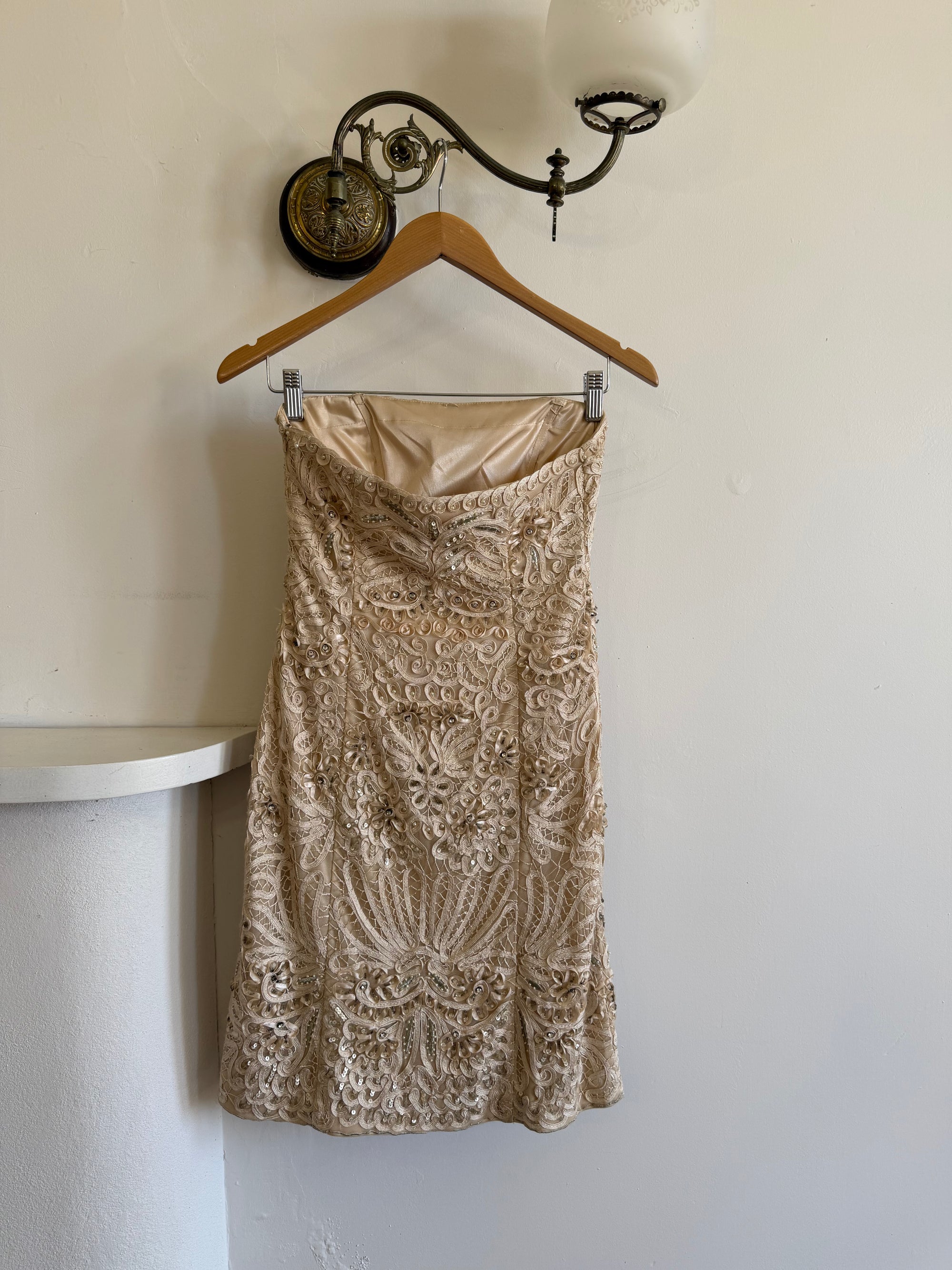 Vintage 90s Crochet Ribbon Embroidered Strapless Mini